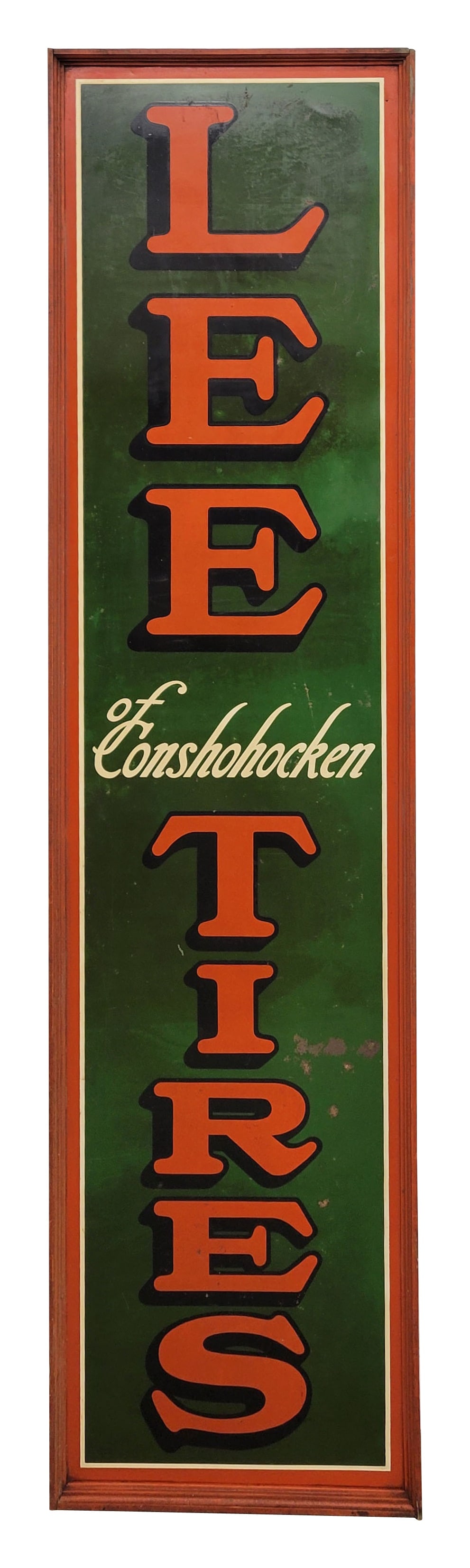 Lee Tires Of Conshohocken Single Sided Tin Sign In Original Wood Frame: 18" x 72" vertical SST sign features its original factory wood frame. The sign exhibits discoloration in the field with a few small scratches and small spots of minor surface rust. The original wood f