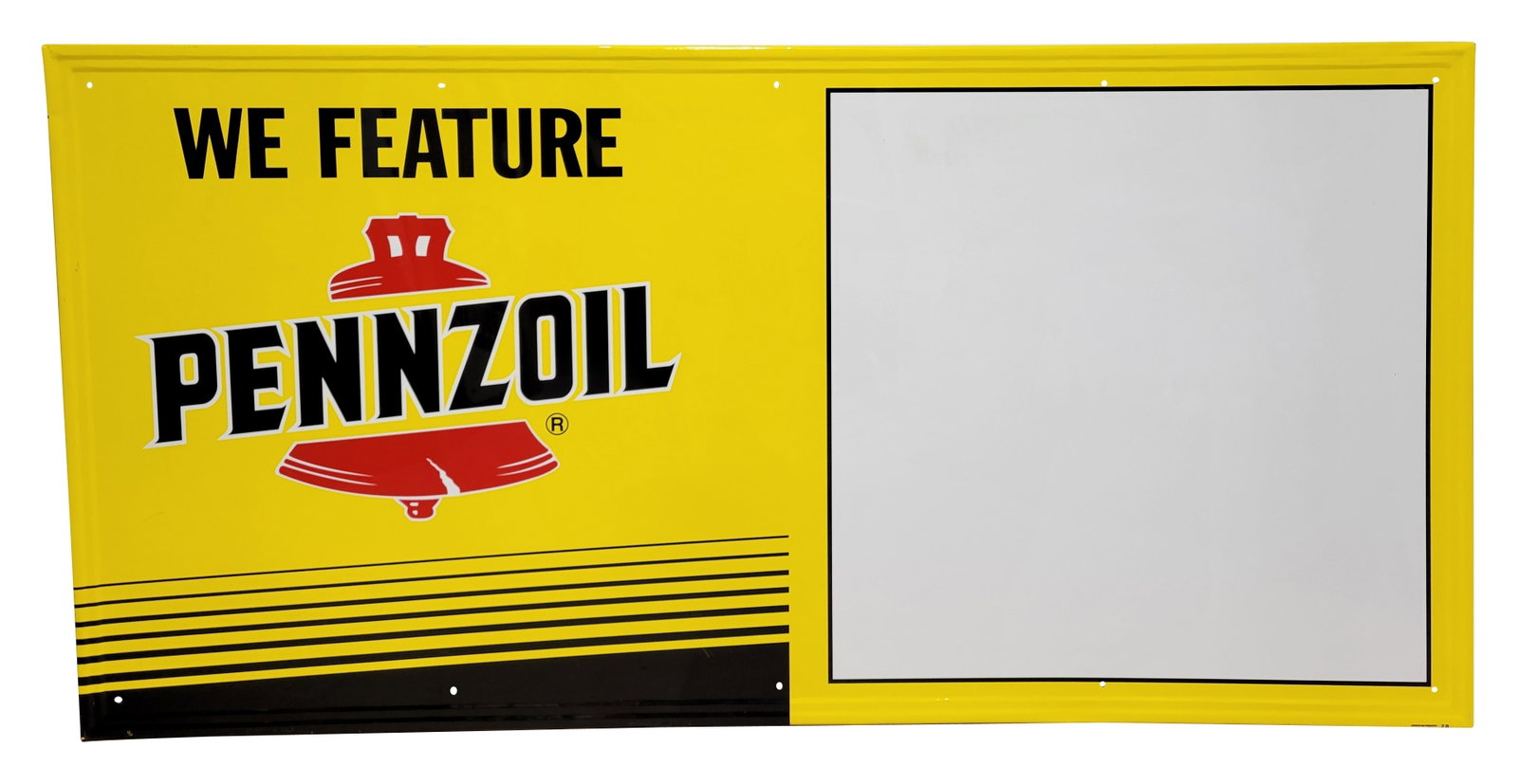 Large We Feature Pennzoil SST Sign NOS: 71.5" x 35.5" SST sign is in outstanding condition with strong colors and brilliant shine. There are a few minor scuffs in the field and a small light scratch beneath the letter "P". The self framed p
