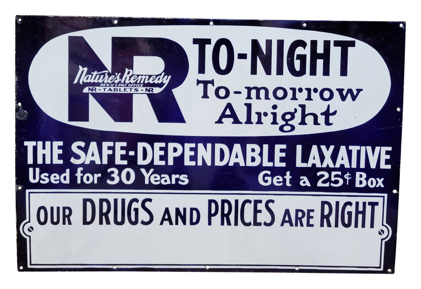 Nature's Remedy Tonight Tomorrow Alright SSP Sign: 35.5" x 24" single sided porcelain sign exhibits excellent color and gloss, although it has light scratches on the surface. There are two tiny chips located at the outer edge of the white oval on the 