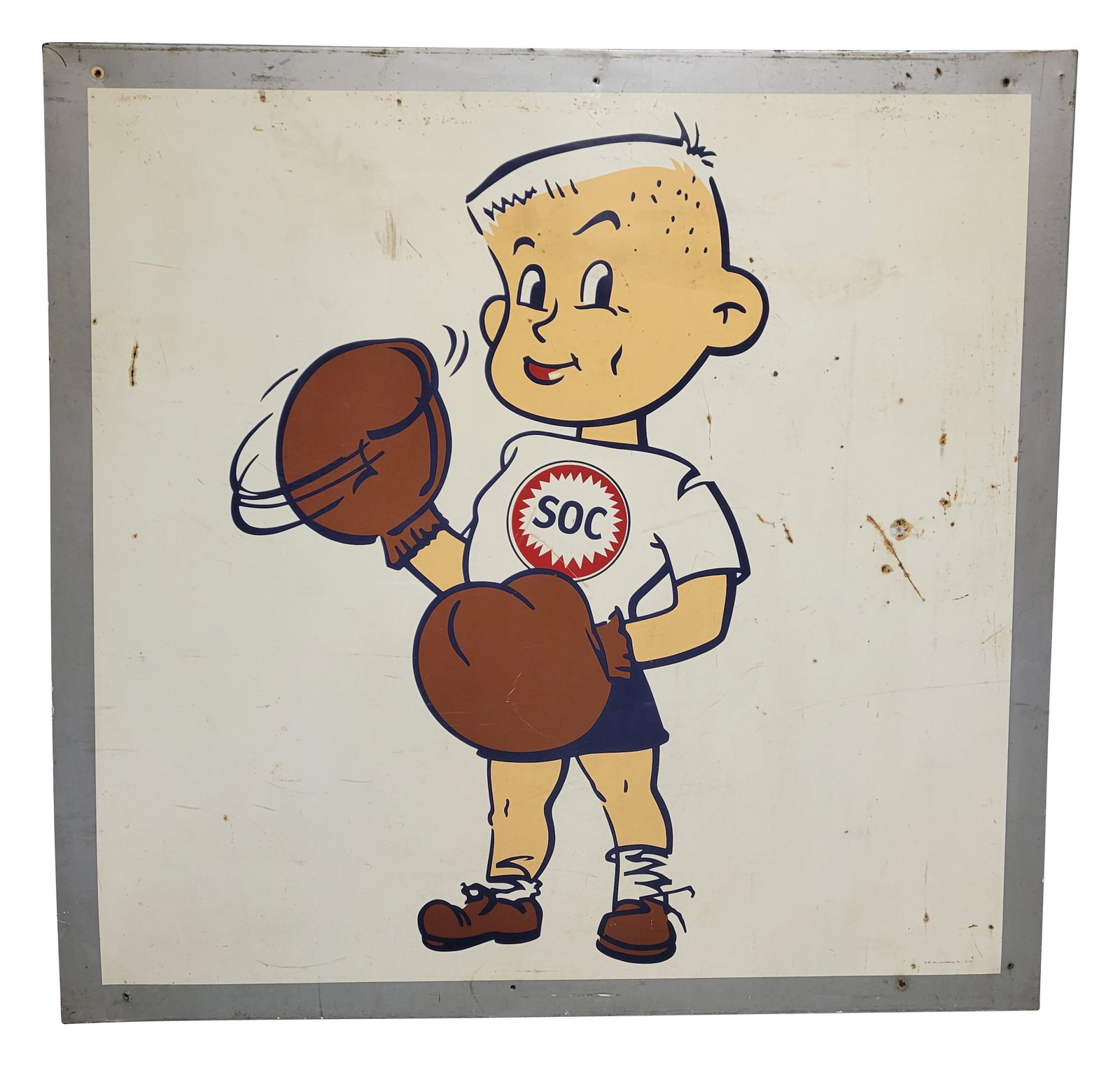 Rare 1975 SOC Southland Oil Company "SOC Boy" 4' SST Sign: 46.5" x 47", SST sign with the factory wooden frame has good color and shine. The sign features a large graphic of the Southland Oil Company mascot "Soc Boy." The field has scuffs, paint chips and are