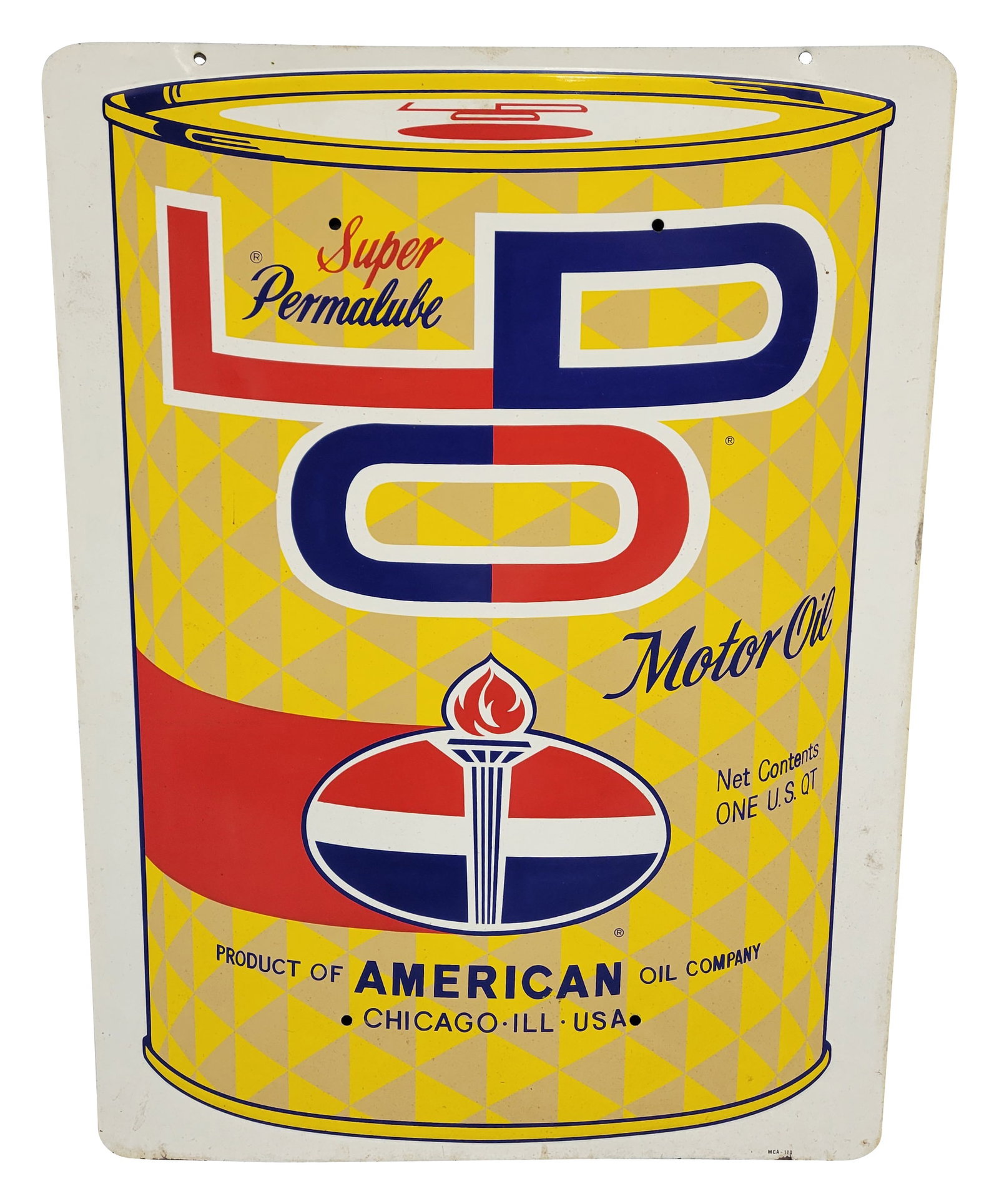 American Motor Oil Super Permalube SST Sign: 22" x 30" embossed single sided tin sign exhibits excellent color and shine with minor scuffs in the field. The perimeter has minor wear mostly along the bottom edge.