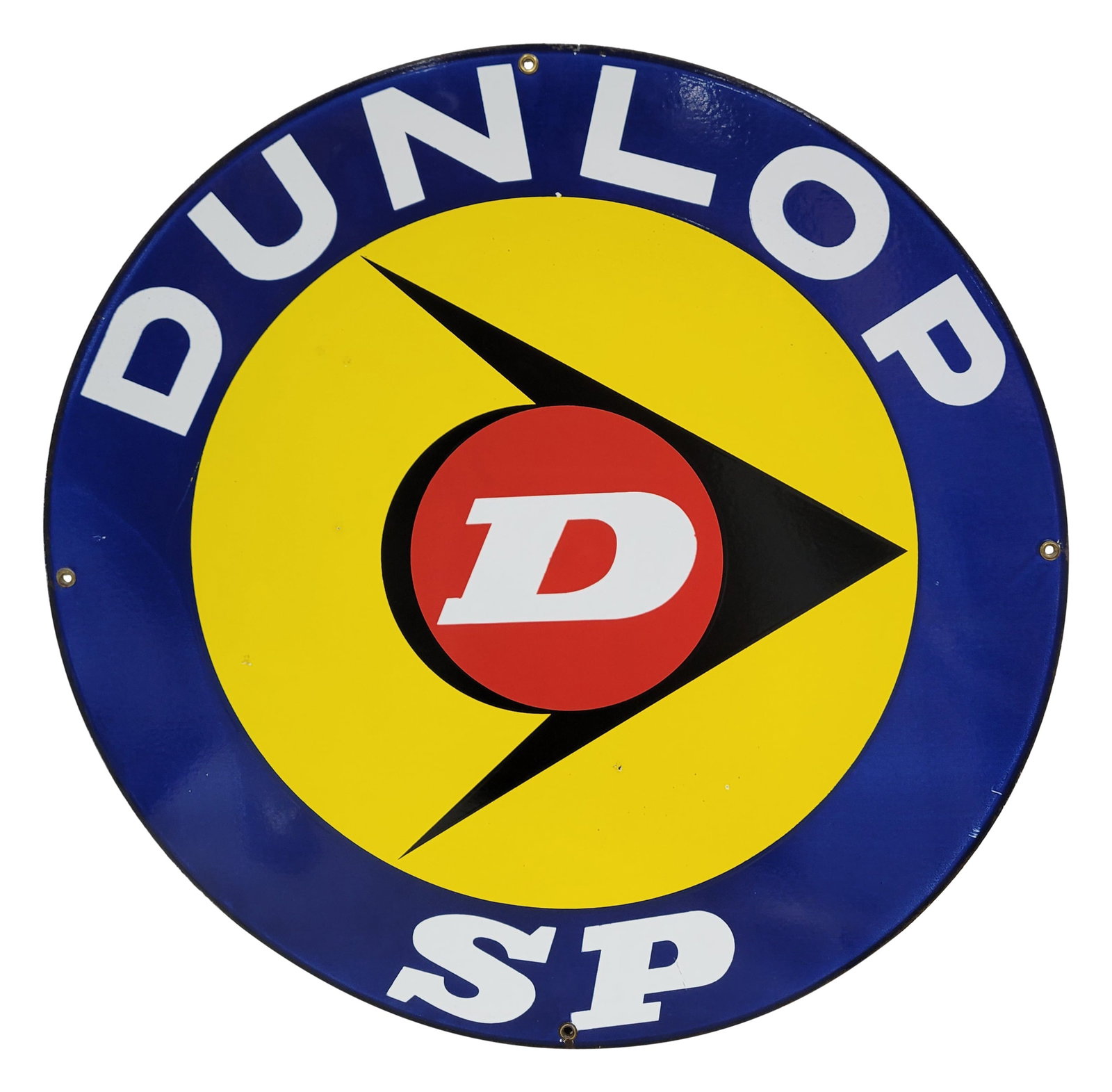 Dunlop SP DSP Porcelain Sign: 27.5" double sided porcelain sign exhibits excellent color and gloss throughout each side. One side displays minor factory flaws, a few fine scratches, and several flea bite sized chips. The reverse h