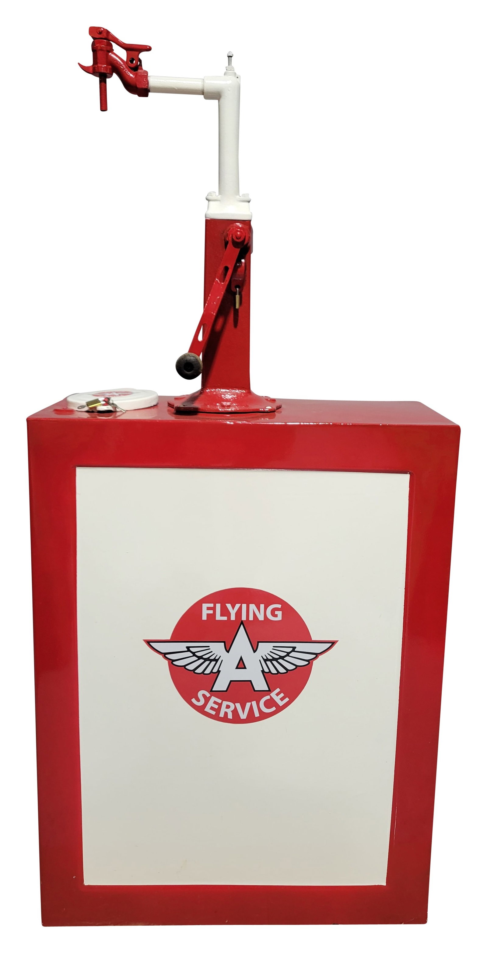 Flying A Service Restored Lubester: 29" x 64" x 13.5" restored lubester is in excellent condition with a high shine finish and applied Flying A Service decals. There are a few minor specks of chipped paint on some of the edges and one 