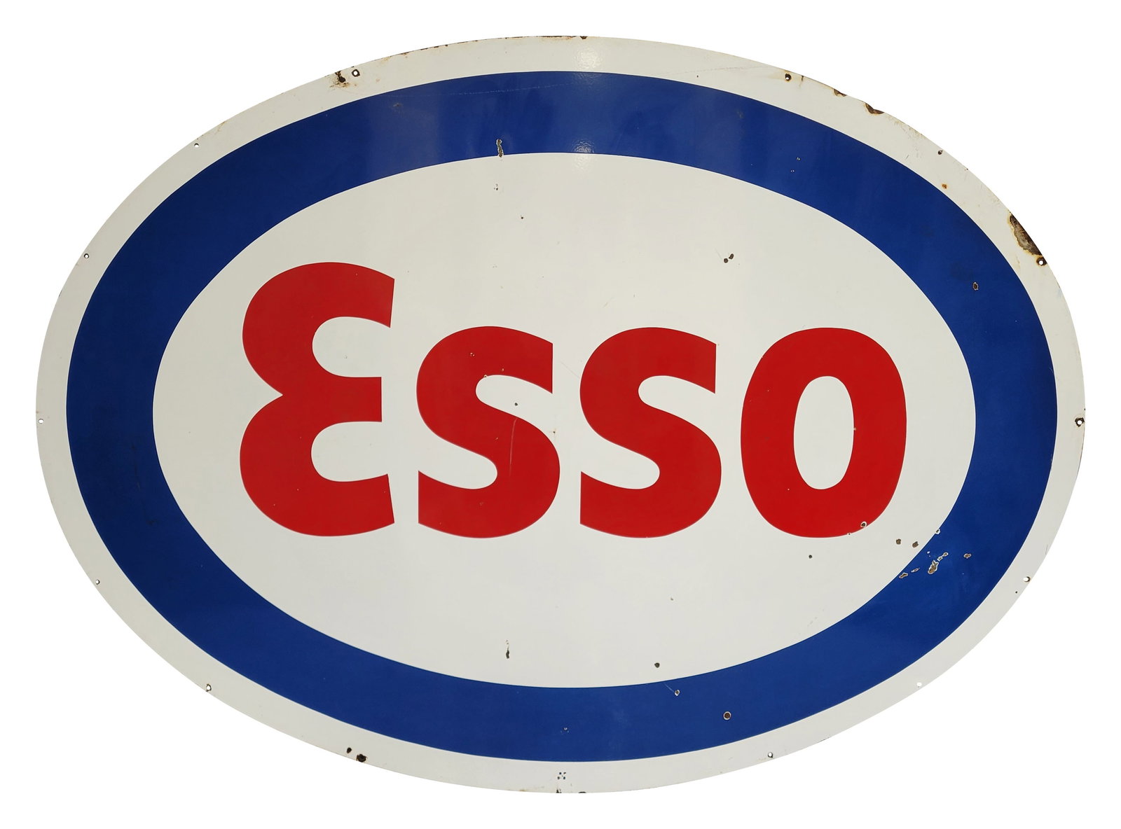 Esso Single Sided Porcelain Dealer Sign: 84" x 60" SSP dealer sign displays bright color and high gloss with small chips and dings in the field. The perimeter has wear with chips, minor rust, and several small bends.