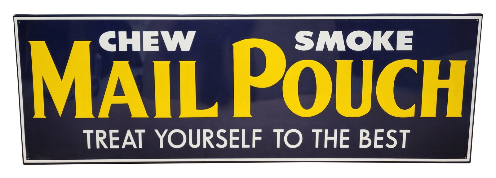 Chew Smoke Mail Pouch Embossed SST Sign: 61" x 20.5" modern single sided tin features embossed bright yellow lettering with rolled edges around the perimeter. The sign exhibits strong color and excellent shine with a few minor scuffs in the 