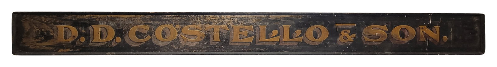 12ft D.D. Costello & Son Single Sided Wood Sign: 147" x 14" large painted wood sign shows typical signs of aging and wear with a great patina. The gold paint has diminished over time, and there are indications of a previous name located beneath the 