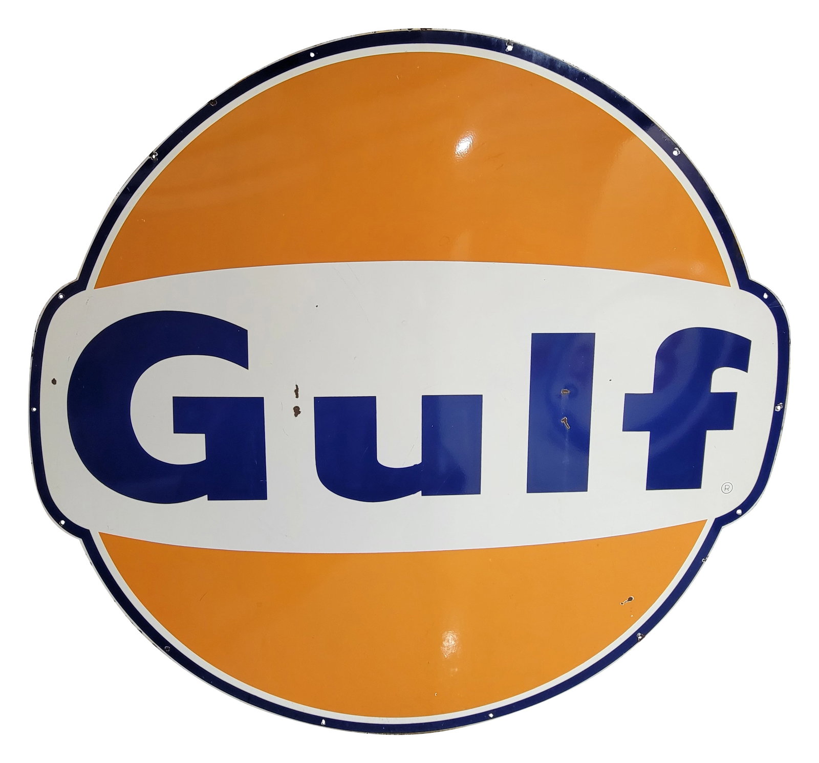 Gulf Dog Ear SSP Dealer Sign: 79" x 73" SSP dealer sign exhibits good color and gloss with several small chips and minor scuffs in the field. The perimeter has light wear with small chips mostly at the mounting holes.