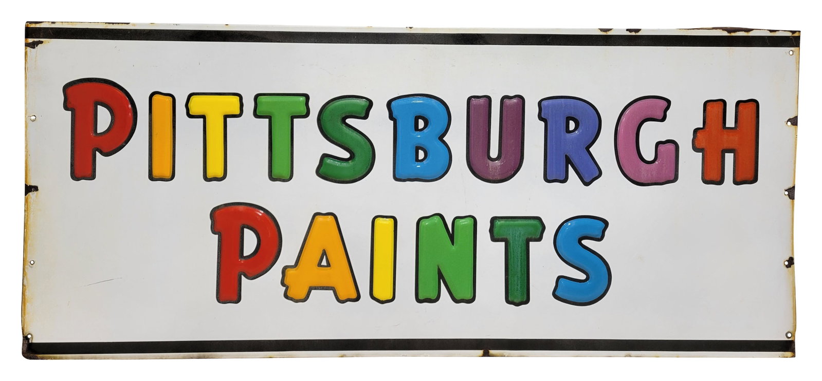 Pittsburgh Paints Embossed SSP Sign: 65" x 28" displays good color with heavily embossed letters. There is minor oxidation throughout with a few minor marks in the field. The perimeter exhibits wear with chips and stains. The lower left 
