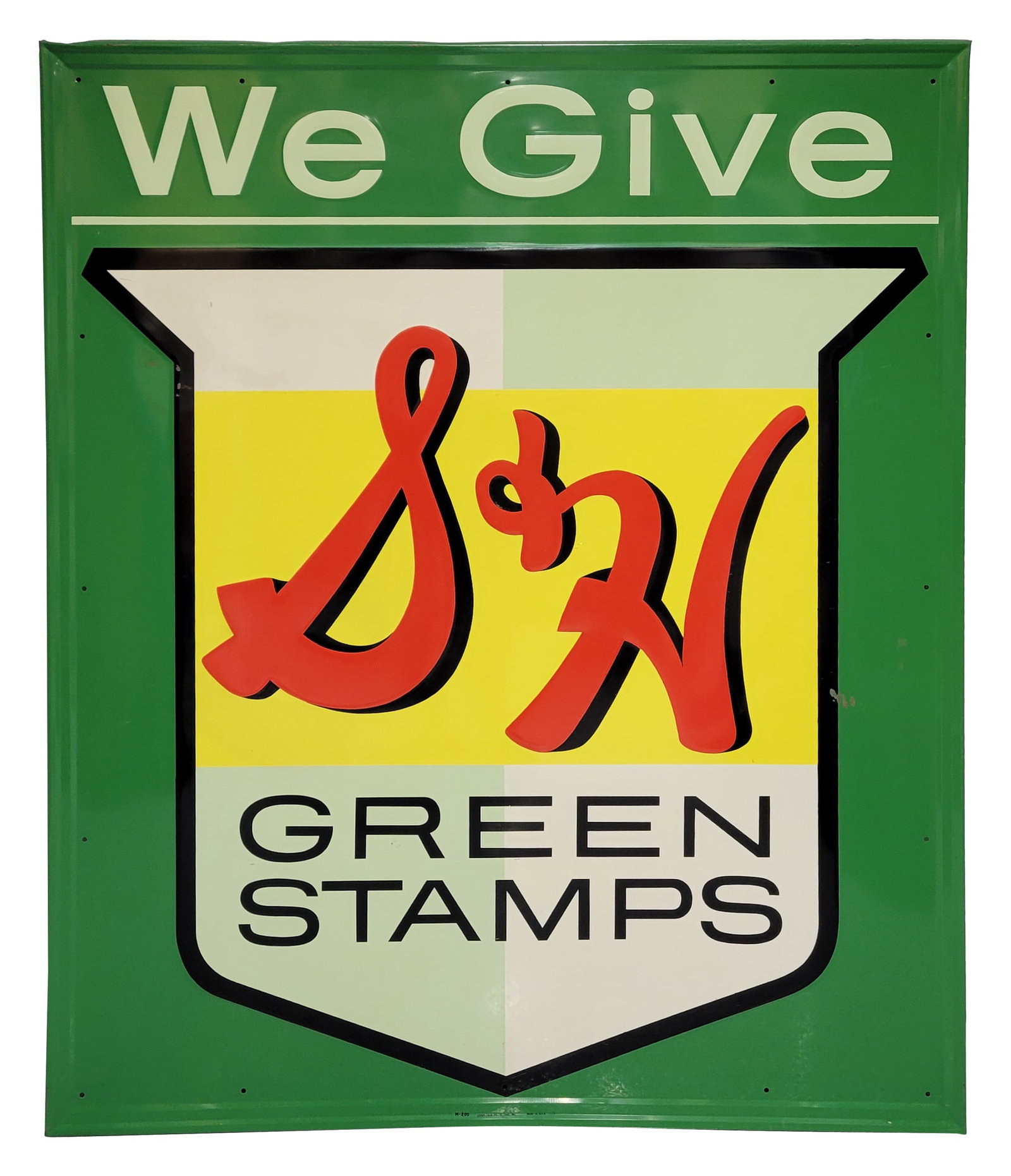 Large We Give S & H Stamps Embossed SST Sign: 46.6" x 56" embossed SST sign displays well with bright colors and high shine. There are a few small scratches and minor areas of chipped paint with rust adjacent to the logo on each side. The self fr