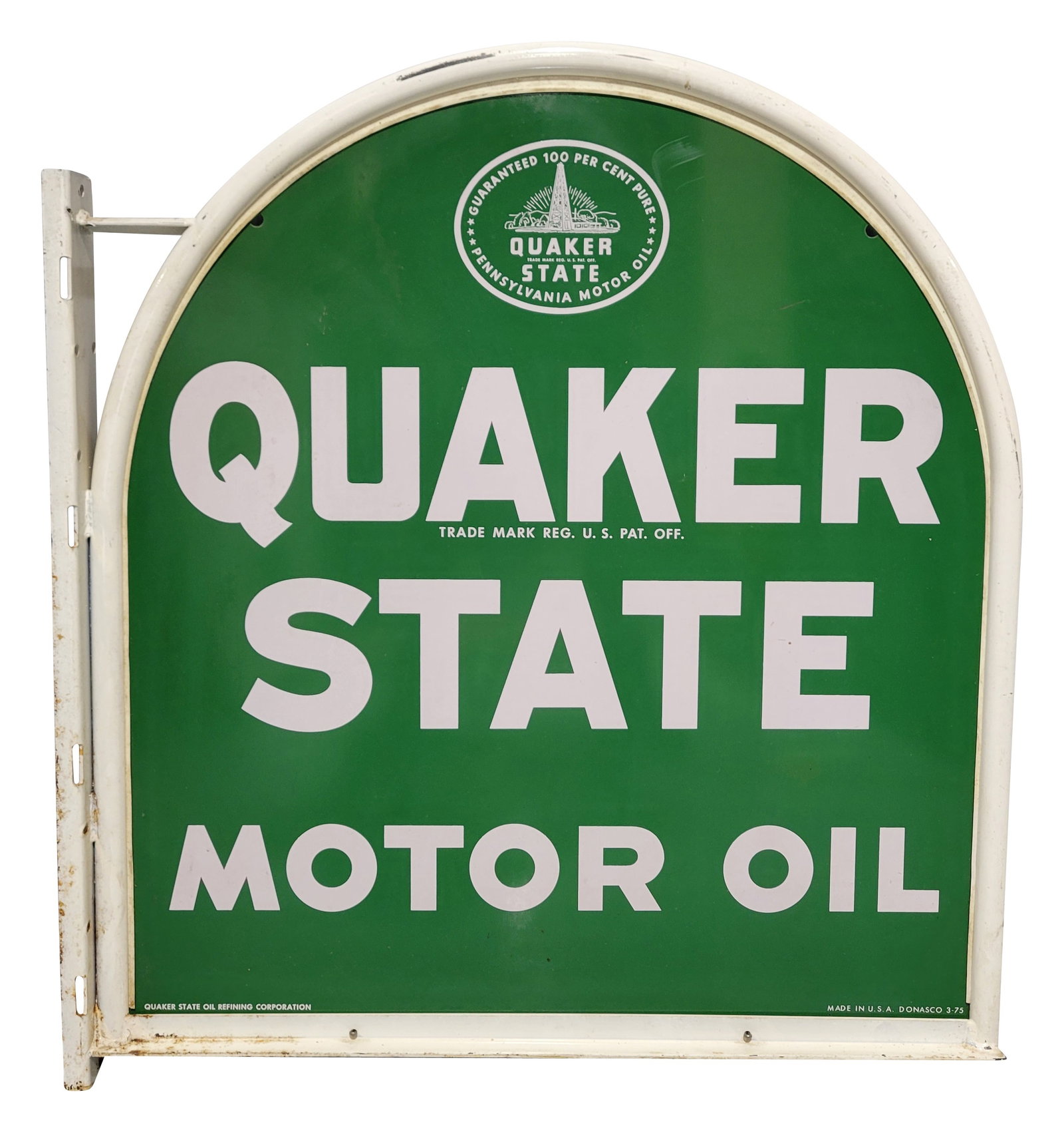 1975 Quaker State Motor Oil DST Tombstone Sign w/ Flange Bracket (1 of 2)