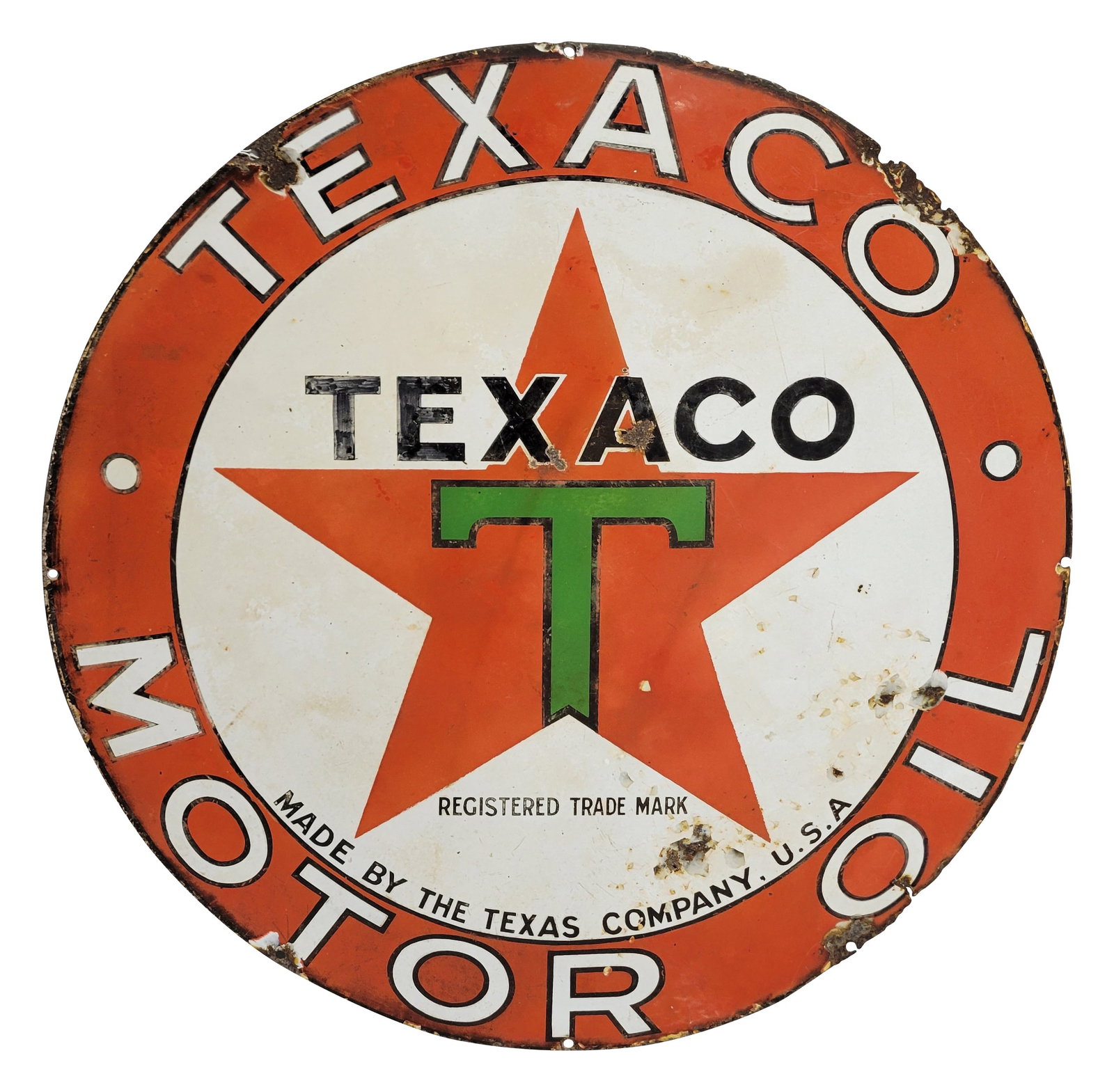 Scarce 26" Texaco Motor Oil SSP Sign: 26" SSP sign displays signs of age with fading, small porcelain chips in the field, and discoloration. The black letters "T" and "E" have been touched up at some point and the touch ups have faded. Th