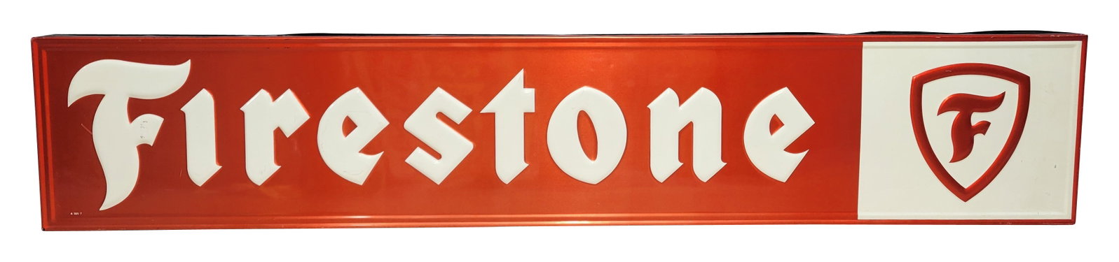 Firestone Embossed Double Sided Sign: 75.5" x 13.5" x 2.5" double sided tin sign consists of 2 SST signs. Each sign features embossed letters and logos with light wear in the field including light scratches and faint stains on the white a