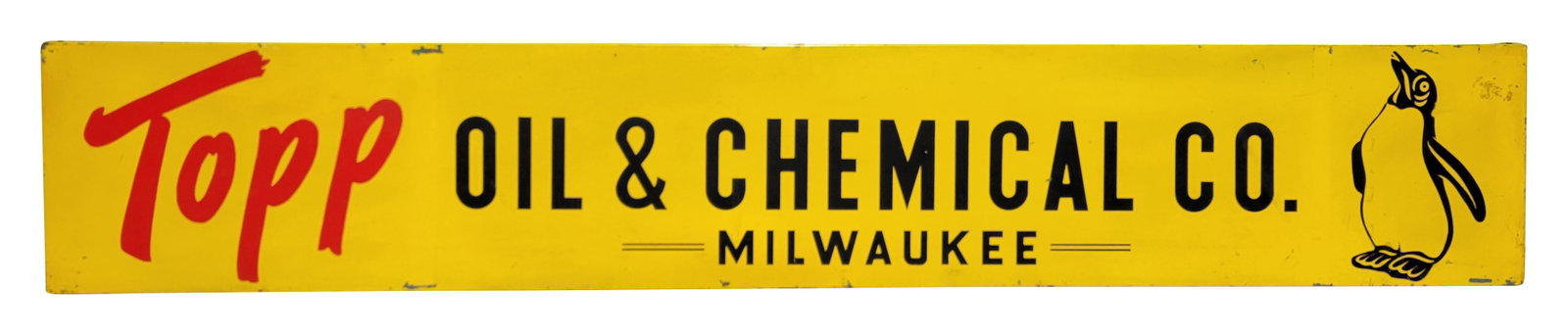 Topp Oil & Chemical Co. Milwaukee SST Sign: 54" x 9" single sided tin sign features penguin graphics and painted lettering. There is wear in the field with scratches and marks. The perimeter displays paint chips and minor bends. The sign is mou
