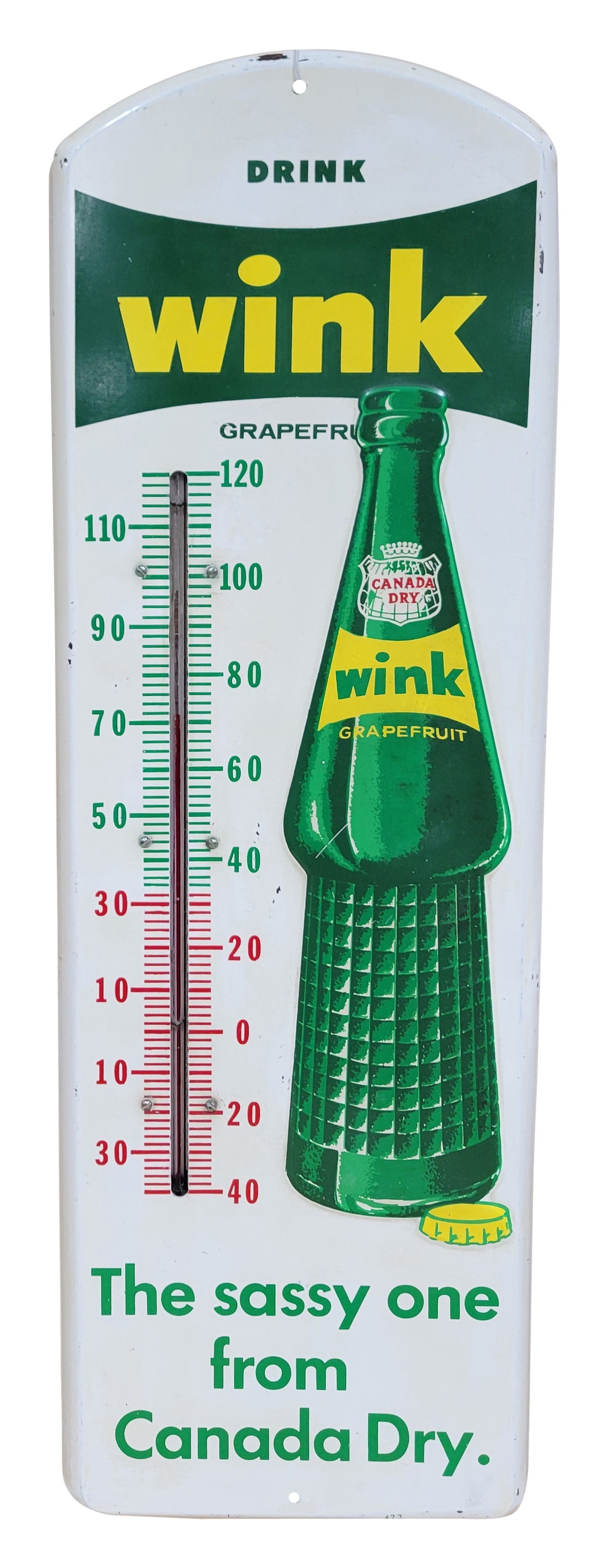 Drink Wink Embossed Tin Thermometer TAC: 9" x 26.5" working tin thermometer displays bright colors and good shine with an embossed bottle logo. There is light wear in the field and around the perimeter with small scratches. TAC #041784.