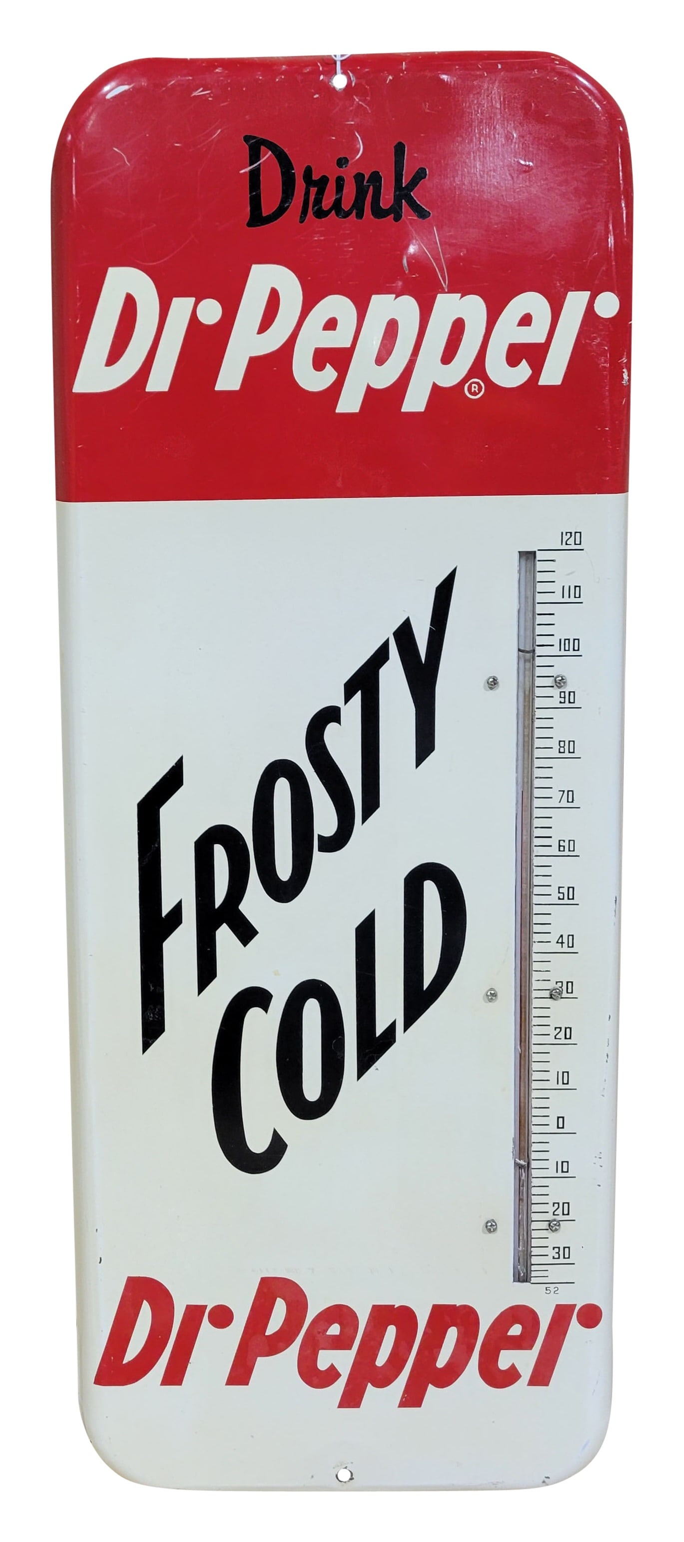 Drink Dr Pepper Frosty Cold Tin Thermometer: 9.75" x 25.5" working tin thermometer exhibits good color and shine. There are fine scratches in the field with more pronounced scratches at the top red section and a few along the perimeter. The bott