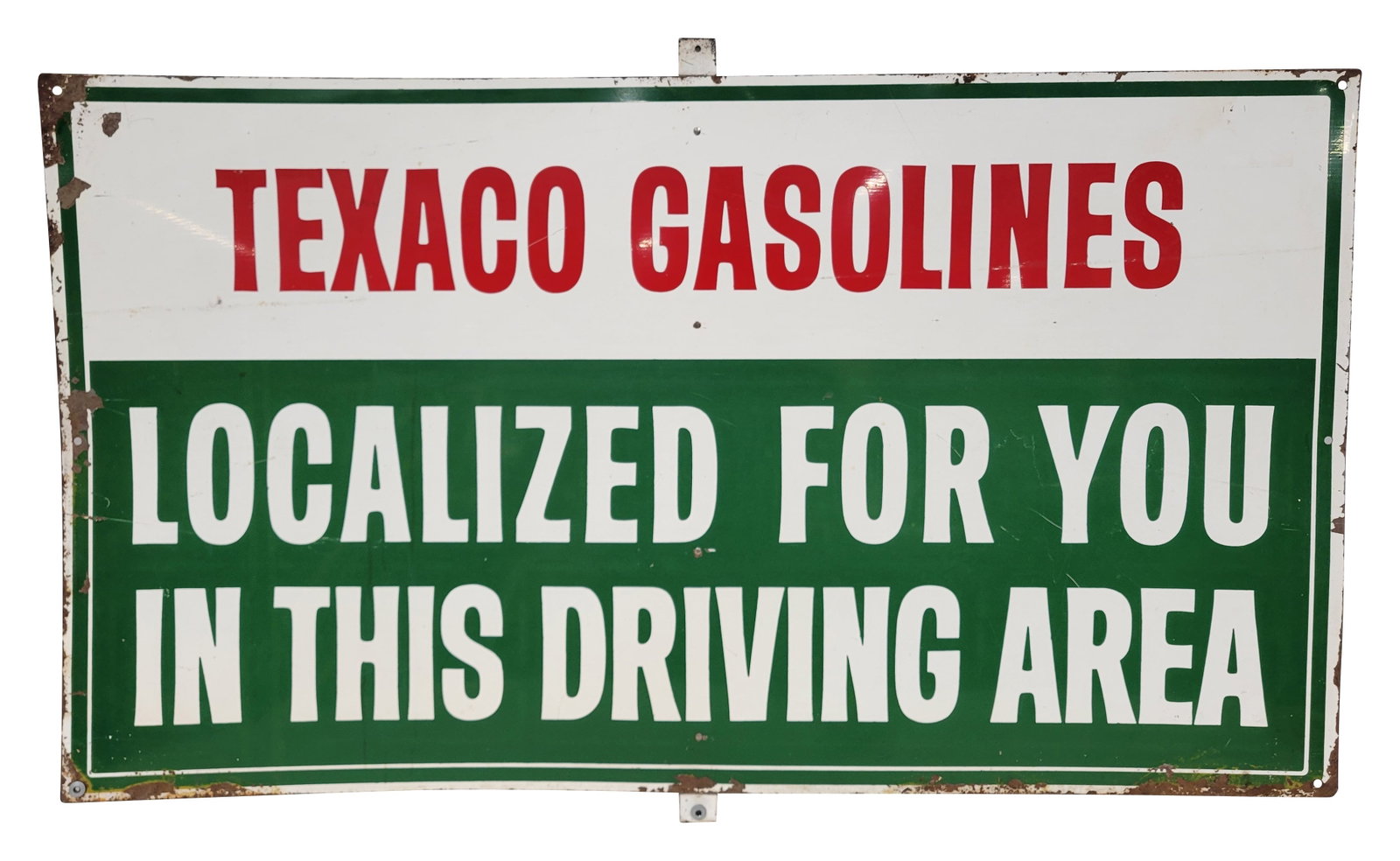 Texaco Gasolines Localized For You In This Driving Area SST Sign: 42' x 36" single sided tin sign exhibits good color and shine with light wear in the field including small scratches. The perimeter displays heavy wear with flaked paint, rust, and small bends at the 