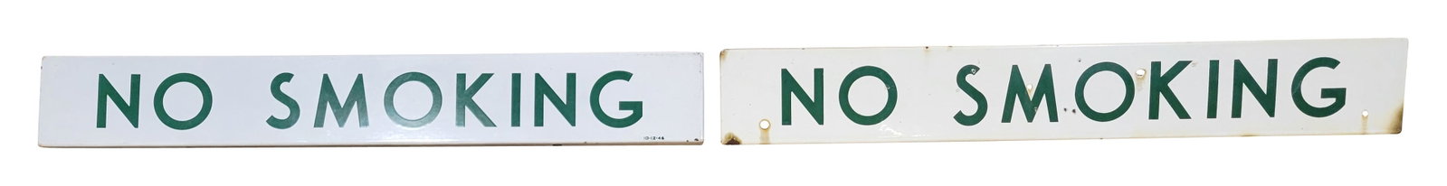 Pair of No Smoking Porcelain Signs: Lot includes a pair of 36" x 5" x 1" SSP signs. Each sign has a rolled edge perimeter. One sign displays well with bright color, good gloss, and a few flea bite sized chips at the lower edge. 10-12-46
