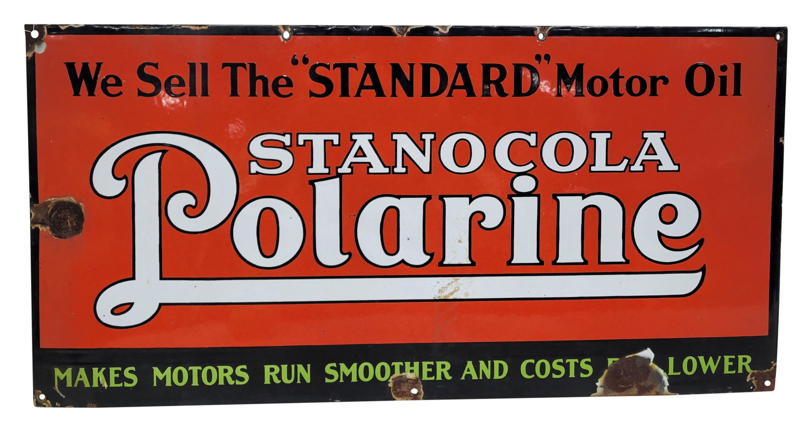 We Sell The Standard Motor Oil Stanocola Polarine SSP Sign: 36" x 18" single sided porcelain sign exhibits good color and gloss with light scratches and stains in the field. There is large bullet ding with porcelain loss on the left side. The perimeter display