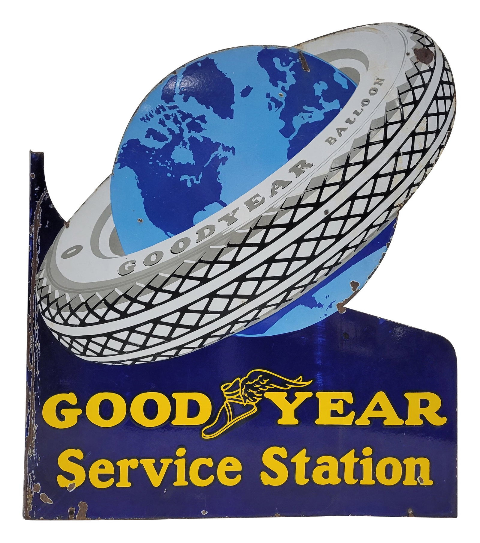 Good Year Service Station DSP Flange Sign With World Globe and Tire: 26" x 30" double sided porcelain die cut sign displays good color and gloss on side one with several small chips, light scratches, and minor stains in the field. There are small chips along the perime