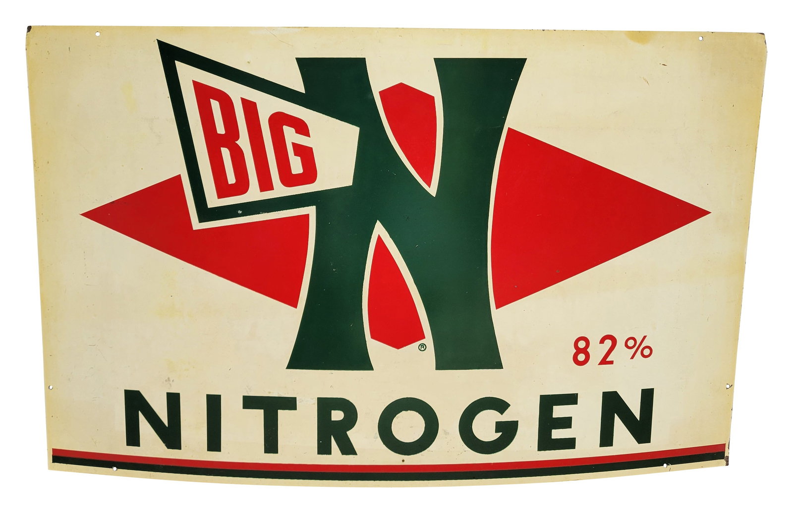 Big Nitrogen SST Sign: 24" x 15" single sided tin sign displays good color and shine with moderate wear including light stains, small scratches, shallow bends, and minor edge wear.