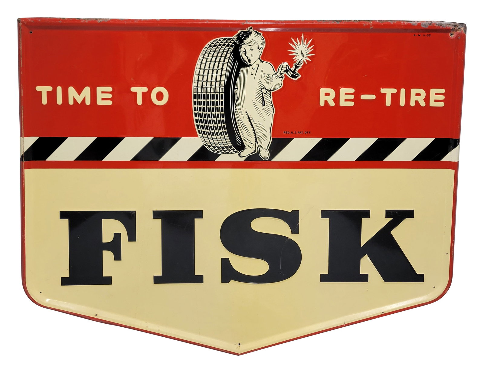 1955 Fisk Tires Time to Re-Tire Emb. SST Sign w/ Fisk Boy (1 of 4)