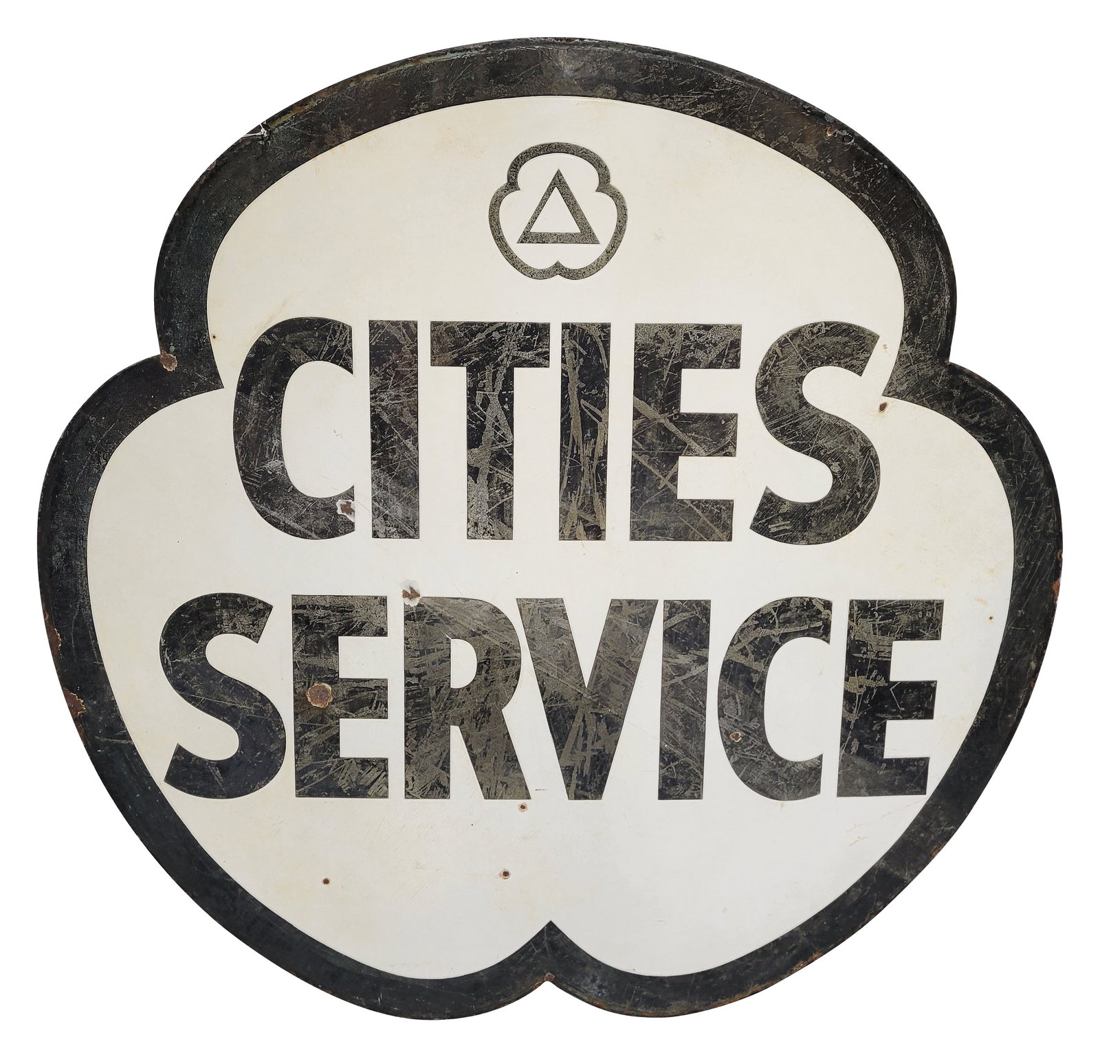 Cities Service 4' Die Cut DSP Sign: 46.5" x 48", DSP die cut sign has moderate color and gloss. Side #1 has chips with discoloration and cloudiness throughout. The reverse has additional wear with green paint remnants where the sign