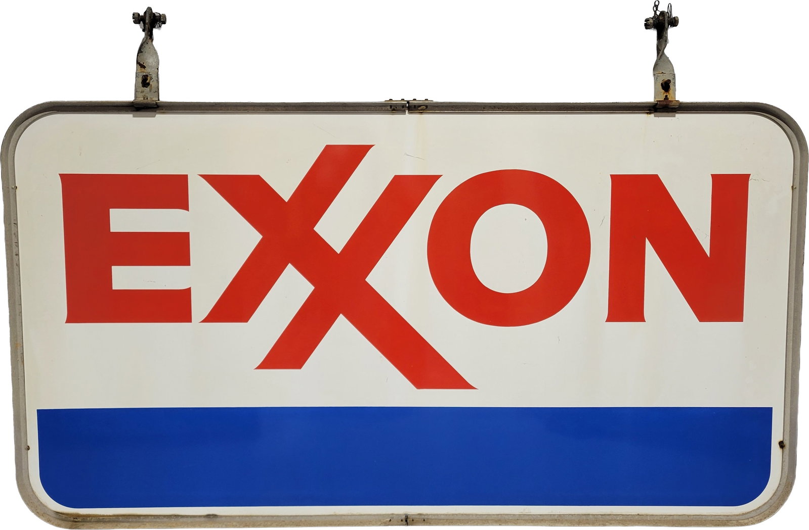 Exxon Gasoline 7' DSP ID Sign w/ Ring: 56" x 84", DSP sign with the original ring has excellent color and gloss. The display has light wear with minor marks and faint discoloration in areas. The reverse is in a similar condition and the