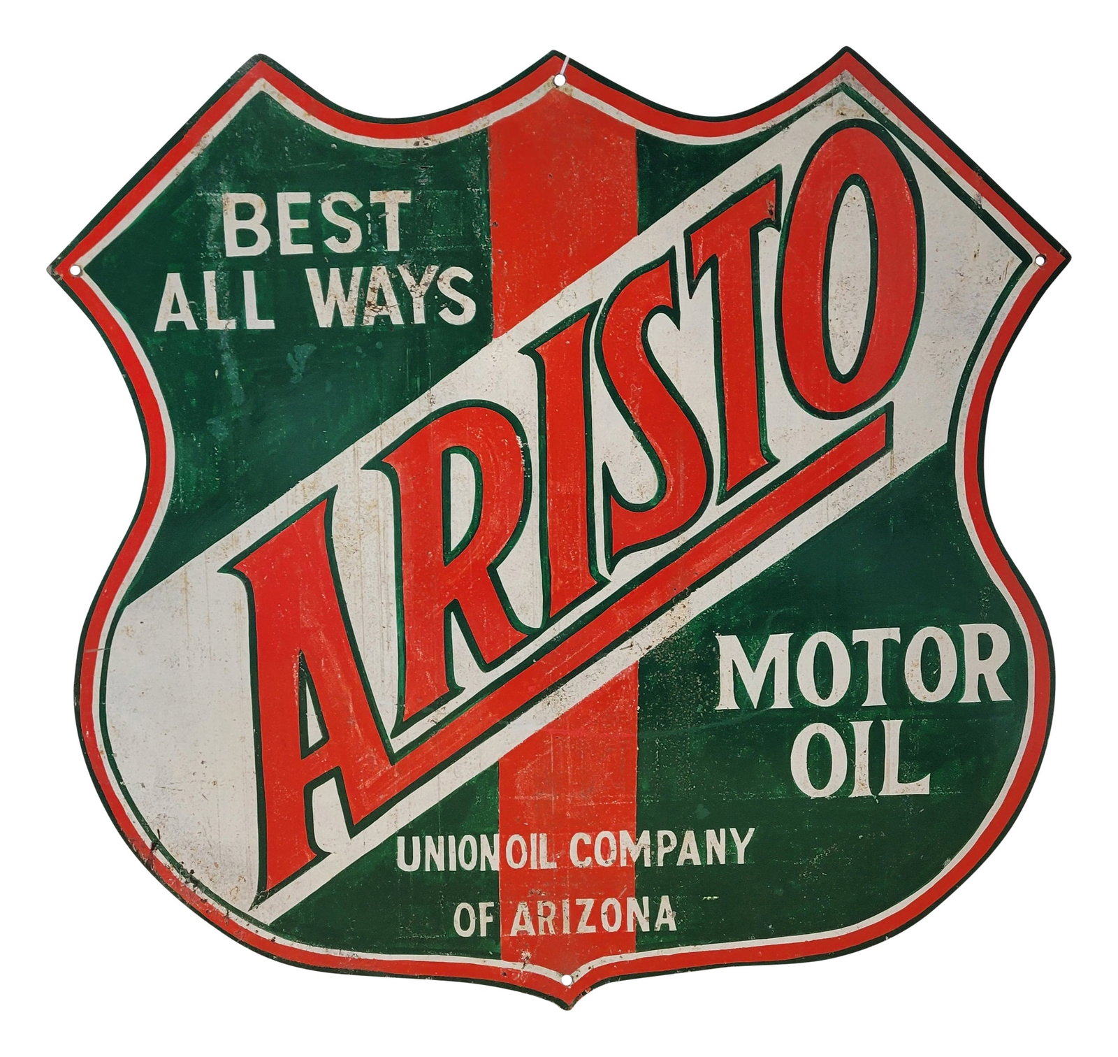 Aristo Motor Oil Union Oil Company SST Die Cut Sign: 28.5" x 28" die-cut shield sign exhibits general signs of wear. The surface is bubbled, and there are scratches, areas of flaked paint, and light stains present. Age unknown.
