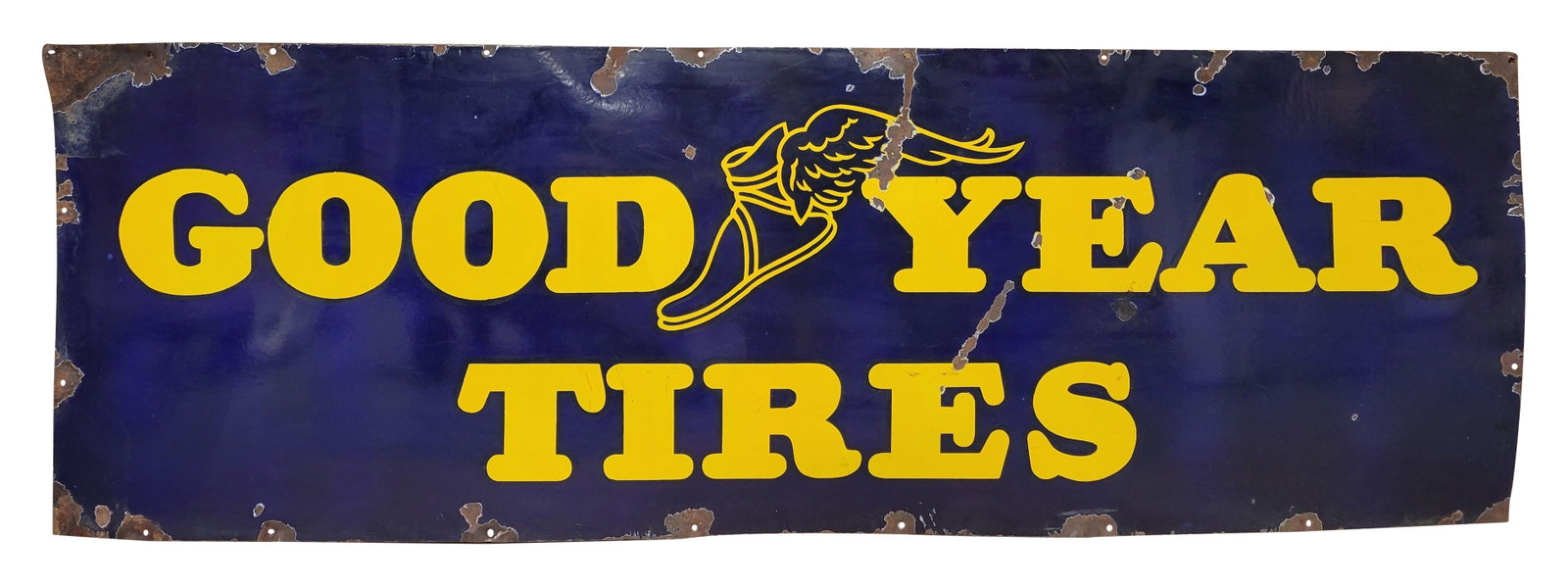 Goodyear Tires SSP Sign: 72" x 24" single-sided porcelain sign exhibits good colors, although it has several chips and multiple small scratches in the field. The edges show signs of wear, including chips, rust, and bends arou