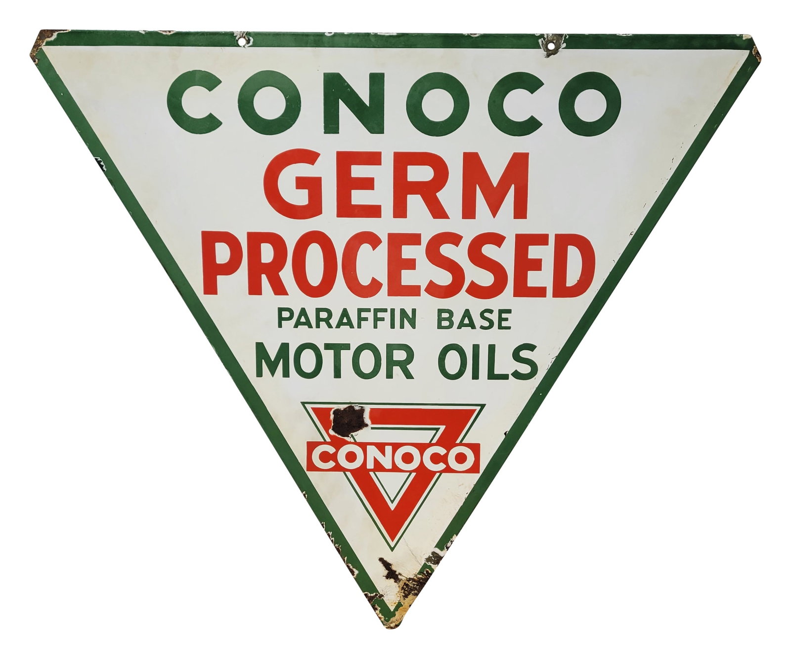 Conoco Germ Processed Paraffin Base Motor Oils DSP Sign: 28.5" x 25.5" Double sided porcelain sign exhibits moderate surface wear on both sides. It features slight discoloration, a chip in the center, and damage with porcelain loss, crackling, and rust near