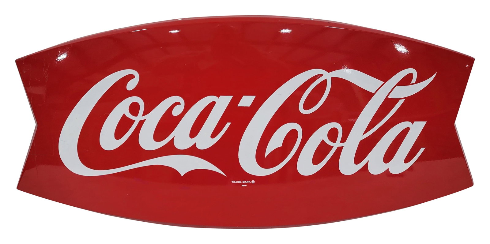 Coca Cola SST Fish Tail Sign: 41.5" x 20" SST Coca Cola sign displays excellent color and shine. There are several deep scratches in the outer perimeter with a minor ding. The outer edges have small scratches and one corner has a 