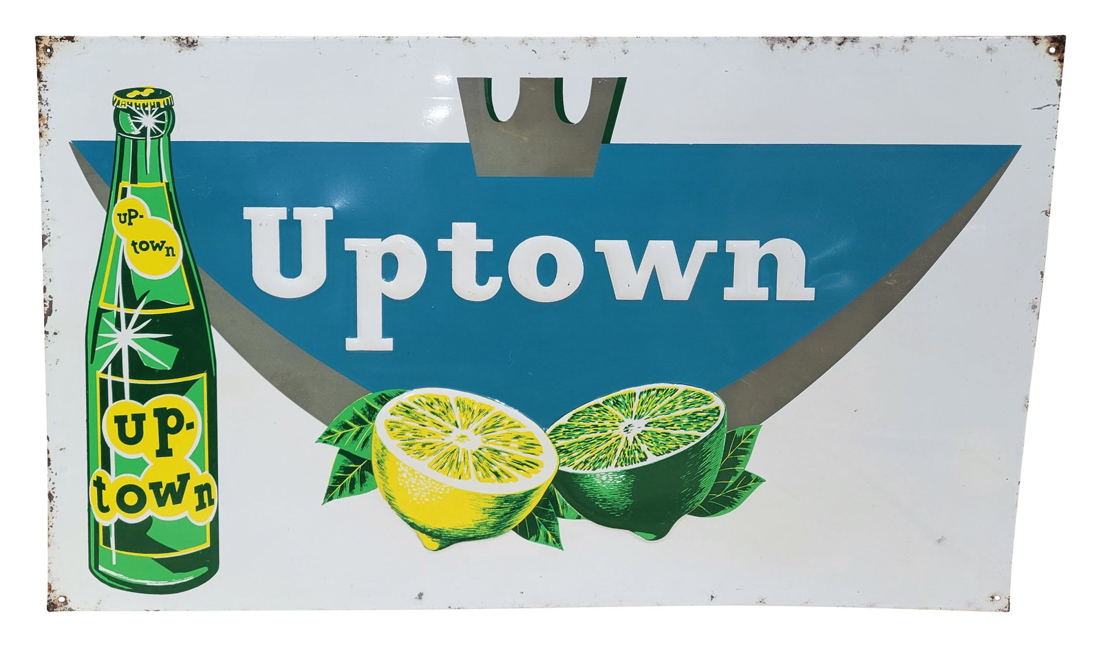 Uptown Single Sided Tin Embossed Sign: 29.5" x 17.5" embossed SST sign has excellent color and good shine with minor wear in the field including small scuffs and scratches. The outer perimeter has more noticeable wear with areas of flaked 