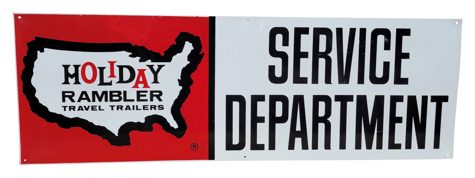 Holiday Rambler Service Department Single Sided Tin Sign: 36" x 12" SST sign exhibits bright color and shine, with small scratches scattered across its surface. There is a 3" section of discoloration above the logo, which may indicate a touch-up. This is a c