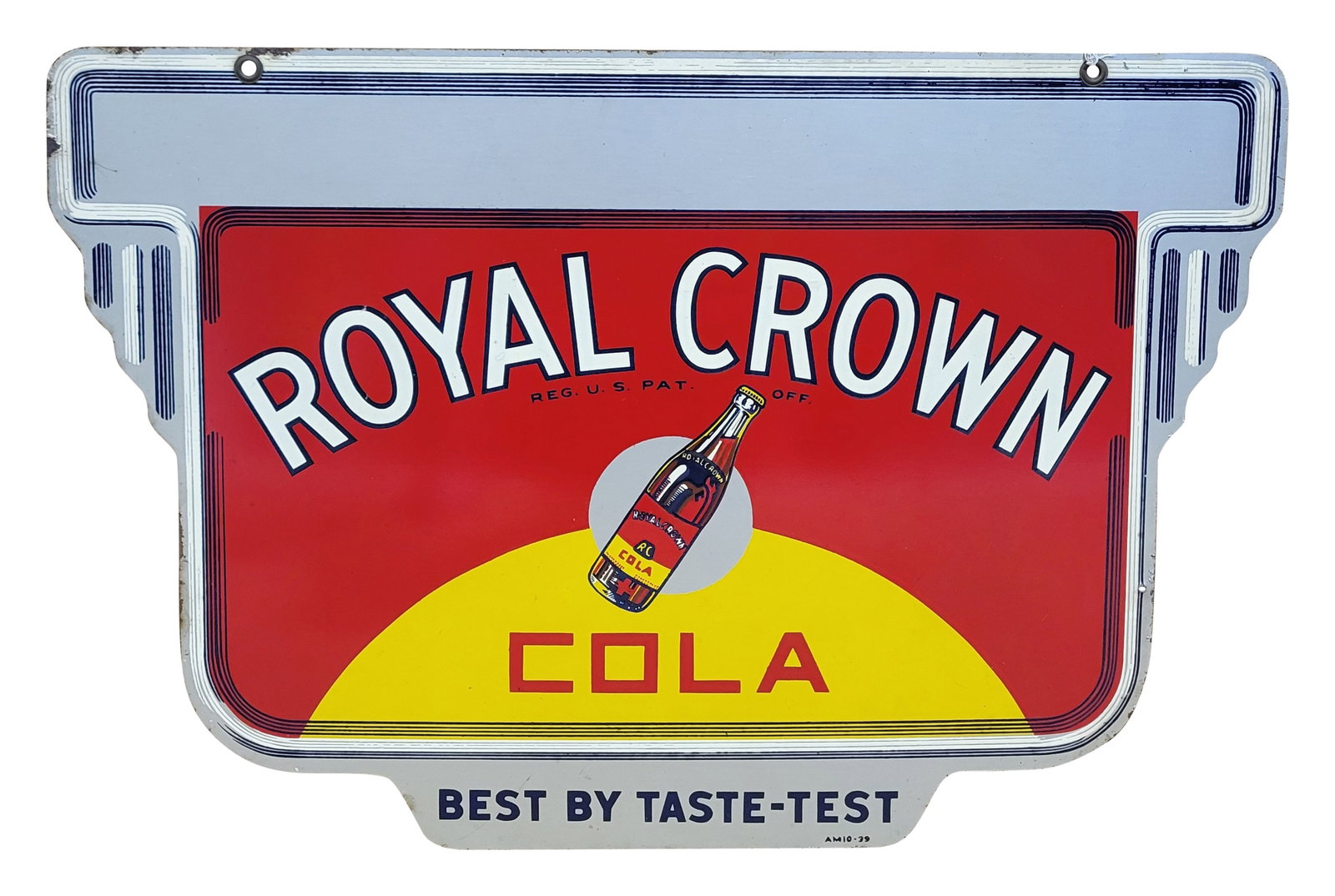 1939 Royal Crown Cola Double Sided Art Deco Sign: 23.75 ' x 15.75" DST sign displays excellent color and shine with light scuffs in the field. The perimeter has light wear with small areas of flaked paint. The reverse side has excellent color and shi