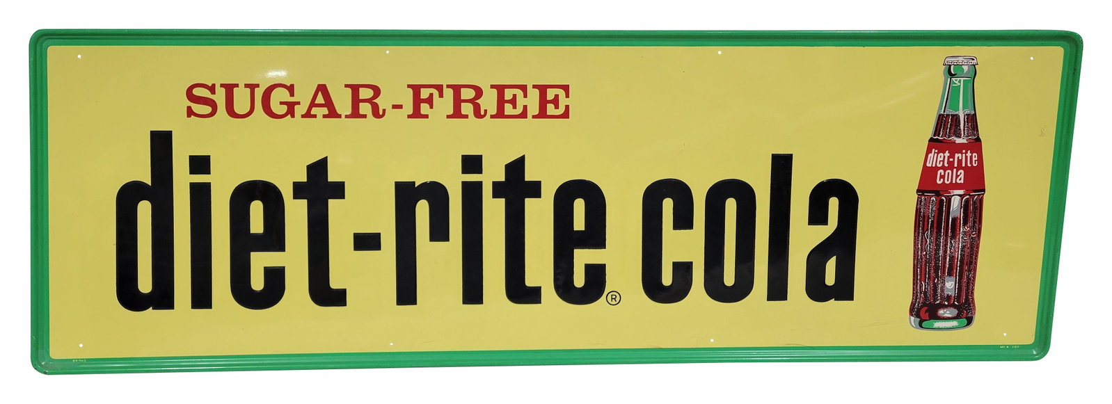 Sugar Free Diet Rite Cola Embossed SST Sign: 54" x 18" single sided tin sign features embossed Diet Rite Cola letters. It displays very well with excellent color and shine. There are minor scuffs in the field and the self framed perimeter has mi