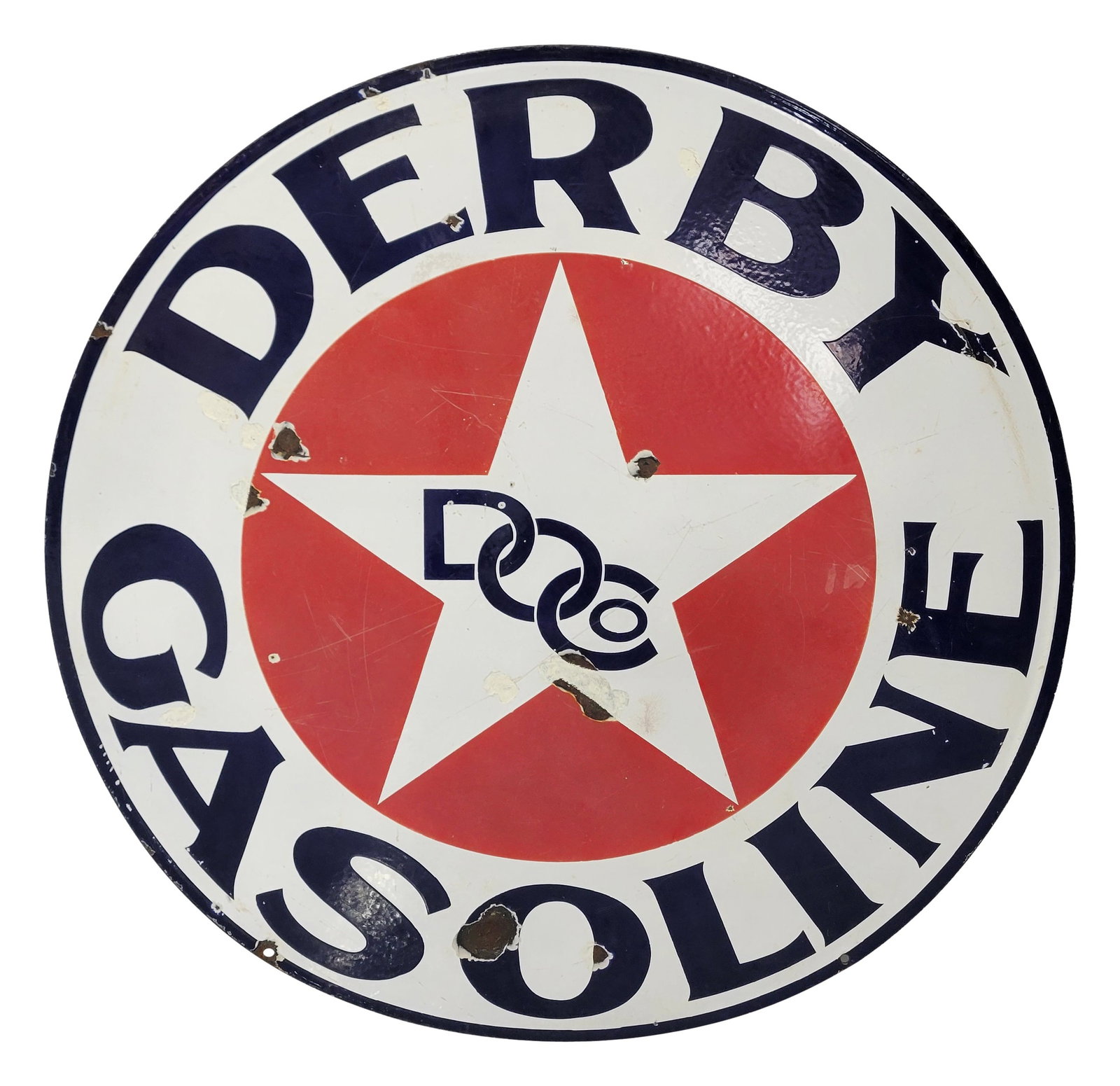 42" Derby Gasoline Double Sided Porcelain Sign: 42" DSP sign displays fading, scratches, and small chips on side one. The reverse displays slightly better color and gloss with large chips and scratches. There is a touch up in the center on the star
