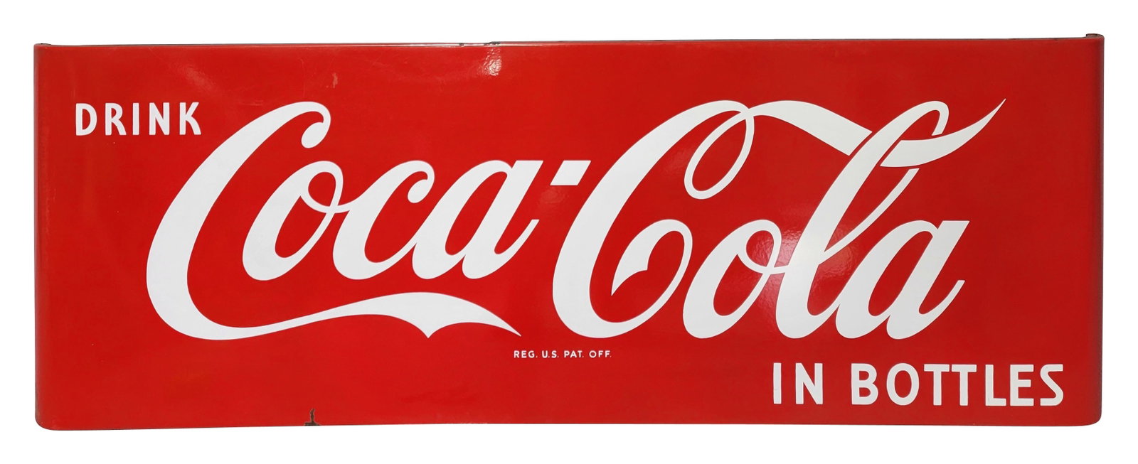 Drink Coca Cola In Bottle SSP Sled Sign: 68" x 24" SSP sled sign features the Coca Cola script logo with bright colors and high gloss. There are few minor scratches in the field and along the left and right perimeter. There is a chip on the 