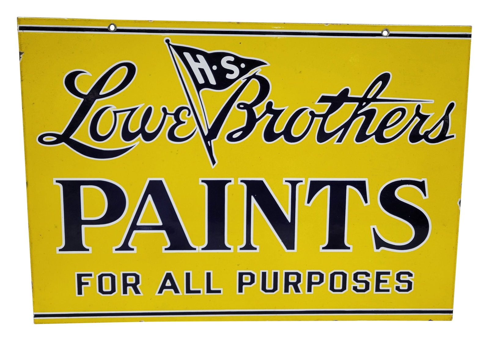 Lowe Brothers Paints For All Purposes DSP Sign: 27.75" x 19.75" exhibits excellent color and gloss across both sides, with no chips present in the main areas of either side. There are minor specks of discoloration in the yellow porcelain on one sid