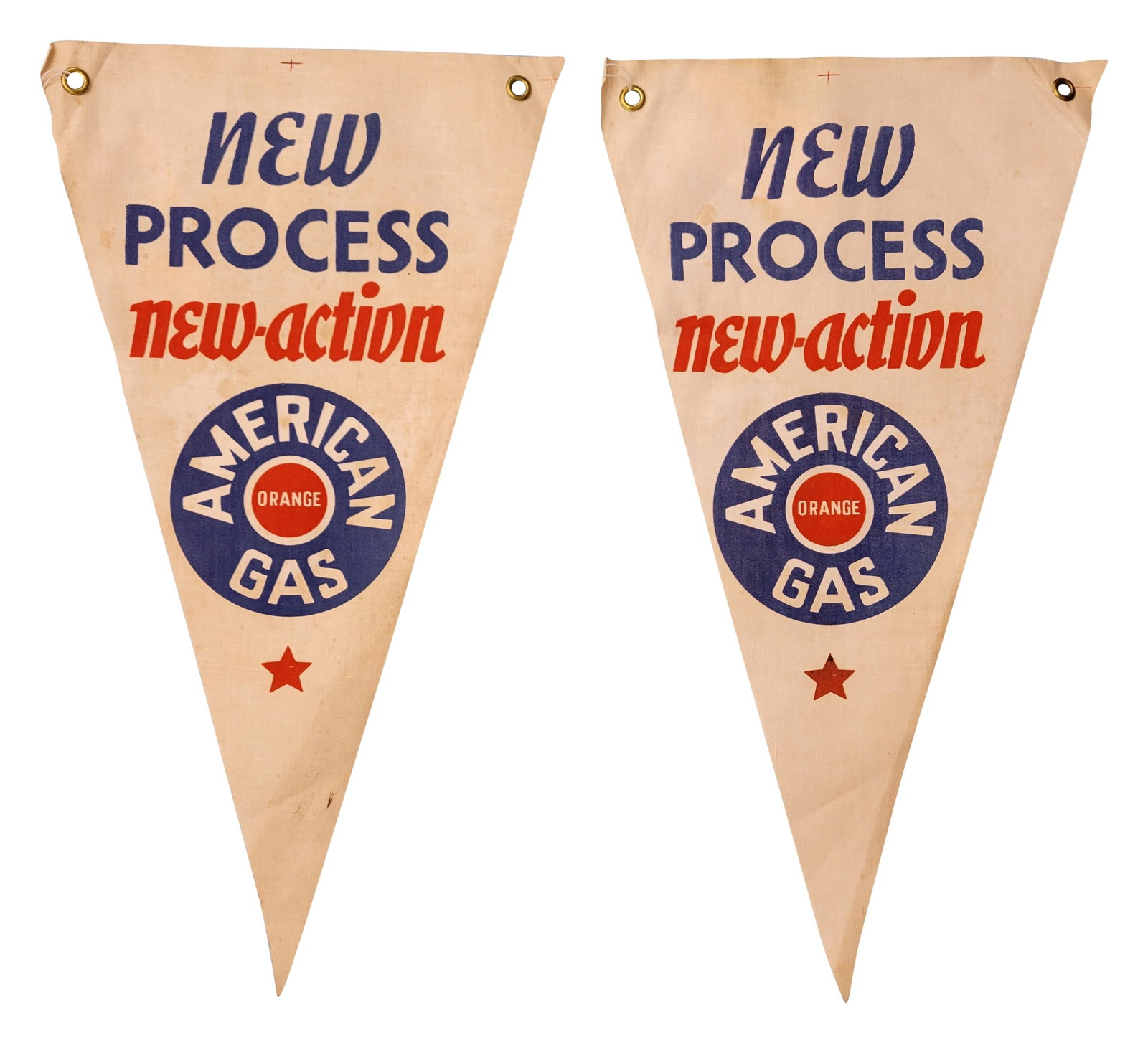 American Gas New Process, New Action Cloth Gas Station Pennant Banners: This lot includes two gas station pennants, each measuring 11.5" x 21". Both are in good condition, featuring good colors and light stains. The original grommets remain intact, and there are storage f