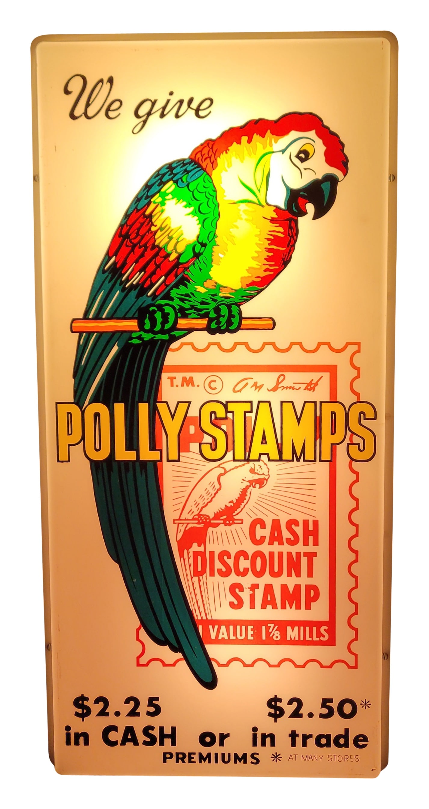 We Give Polly Stamps Light Up Sign: This 12" x 4.75" x 24.75" illuminated plastic sign is in excellent working condition that showcases vibrant, colorful graphics. A small stress crack is present along the right edge, but it is hardly n