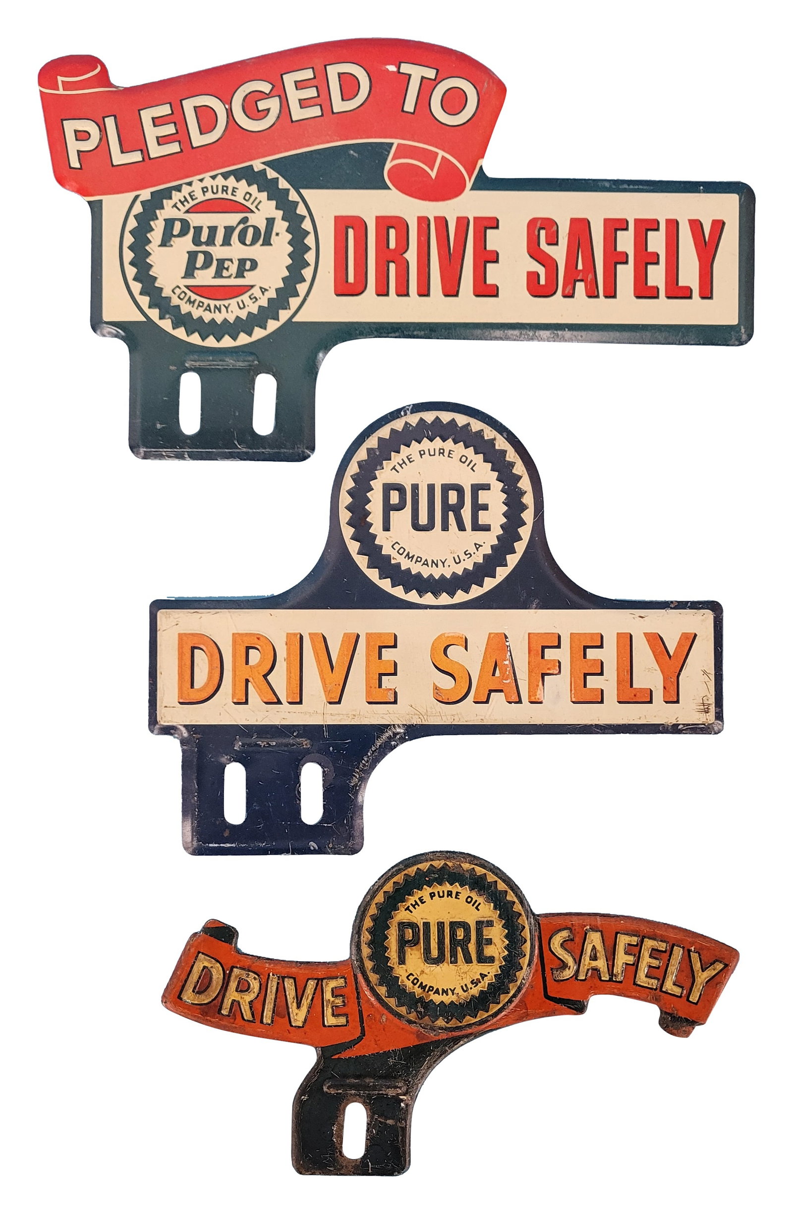 Pure and Purol-Pep Tag Toppers: This collection features 3 metal tag toppers that are in used condition. Each topper exhibits varying degrees of wear, which may include scratches, chips, touch-ups, bends, fading, and rust.