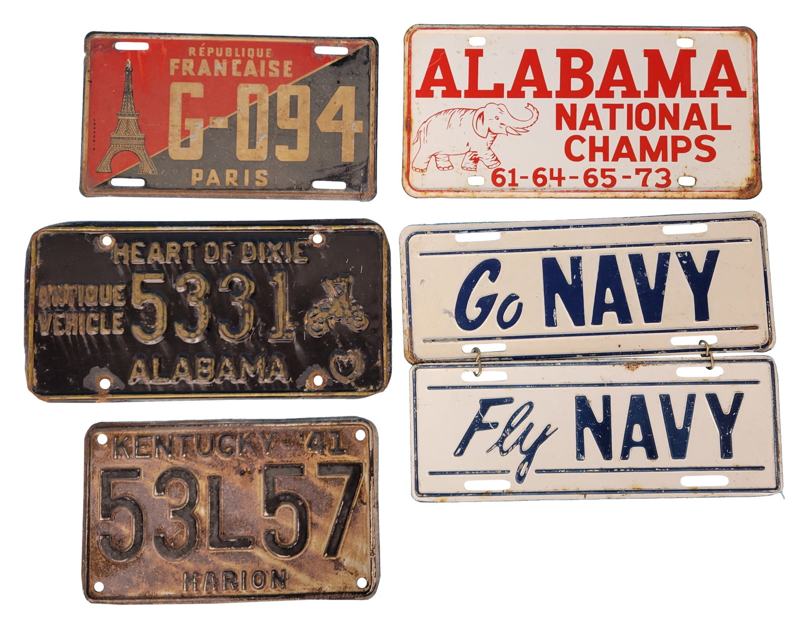 Misc. Automobile License Plates: This collection features 6 metal automobile tags that are in used condition. Each tag exhibits varying degrees of wear, which may include scratches, chips, touch-ups, bends, fading, repainting, and ru