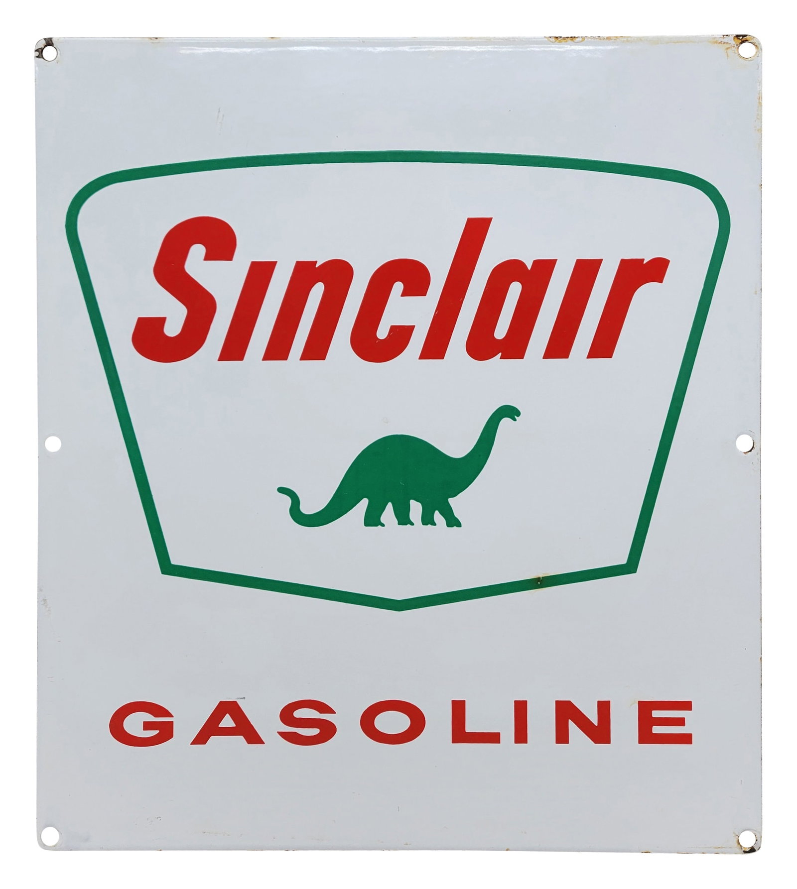 Sinclair Gasoline Porcelain Pump Plate Sign With Dino: 12" x 13.5" SSP gas pump plate sign is in excellent condition displaying bright colors and high gloss.
