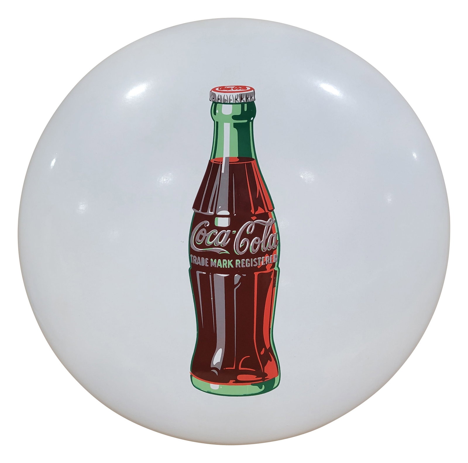 24" Coca Cola SSP Button Sign With Bottle: 24" single sided porcelain sign showcases the Coca Cola bottle logo in excellent color with very good gloss throughout. The perimeter has several chips not visible when the sign is viewed from the fro