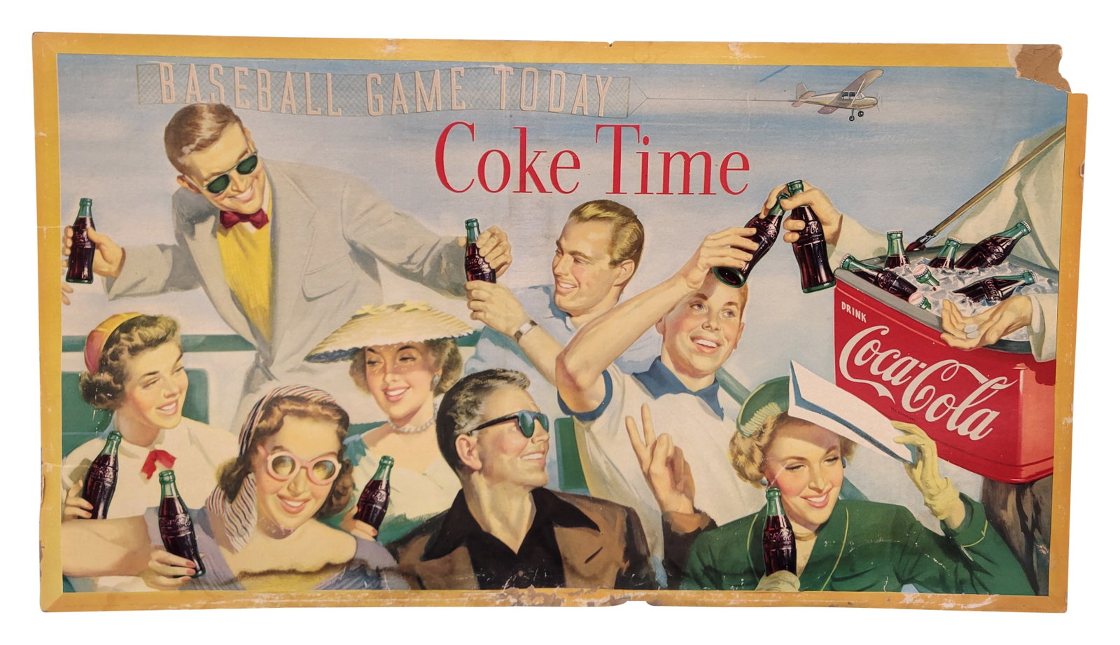 Scarce 1954 Coke Time So Delicious Double Sided Cardboard Sign: 36" x 20" scarce version 1954 double sided cardboard features 2 different seasonal slogans. One side reads "Baseball Game Today Coke Time" and the reverse side reads "So Delicious" with the Coca Cola 