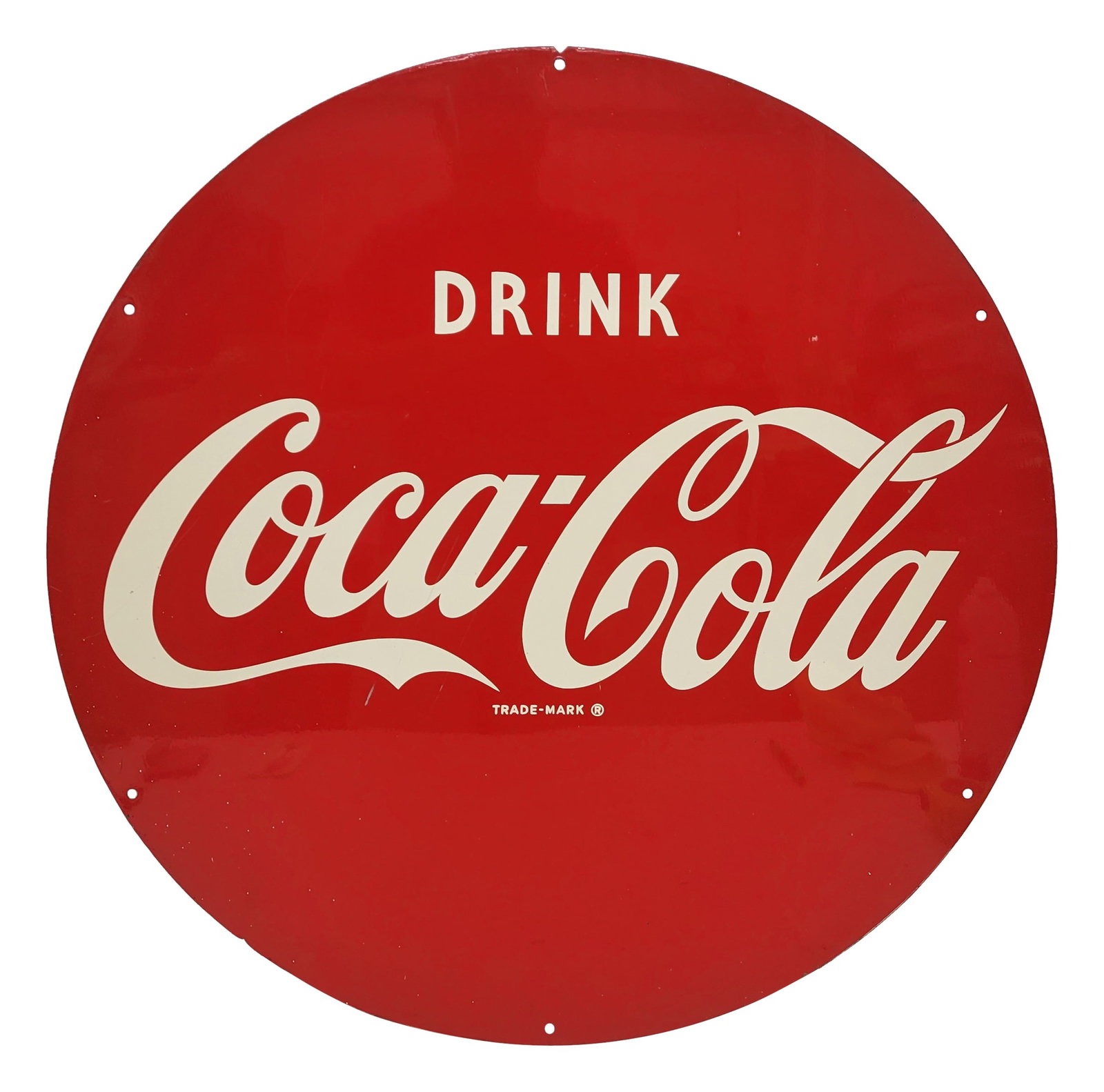 Drink Coca Cola SST Disc Sign: 27.5" single sided tin sign displays excellent color and shine with several light vertical scratches in the Coca Cola script logo. The perimeter has minor wear with several very small bends along the 