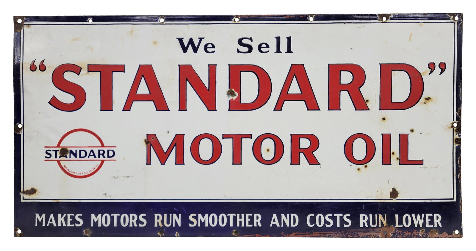We Sell Standard Motor Oil Single Sided Porcelain Sign: 36" x 17.75" SSP sign displays good color with wear in the field and perimeter including small chips, crackled porcelain, and minor surface rust. There are chips at the mount holes and several of the 