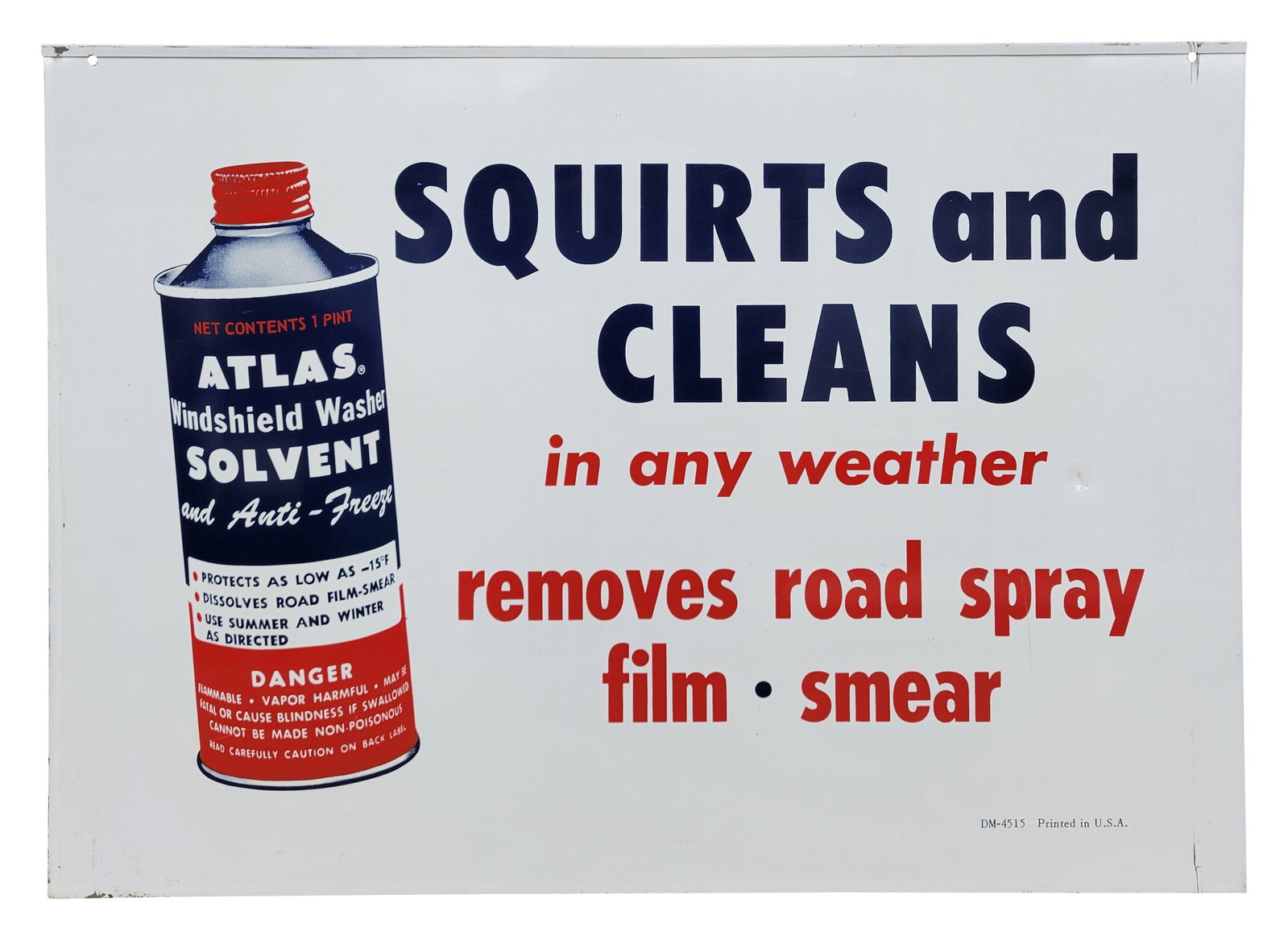 Atlas Windshield Washer Anti Freeze Solvent Double Sided Tin Sign: 22.75" x 16.25" DST sign displays excellent color and shine on both sides. Side one with the bottle graphics has a few fine scratches and a small ding. The reverse side features different lettering wi