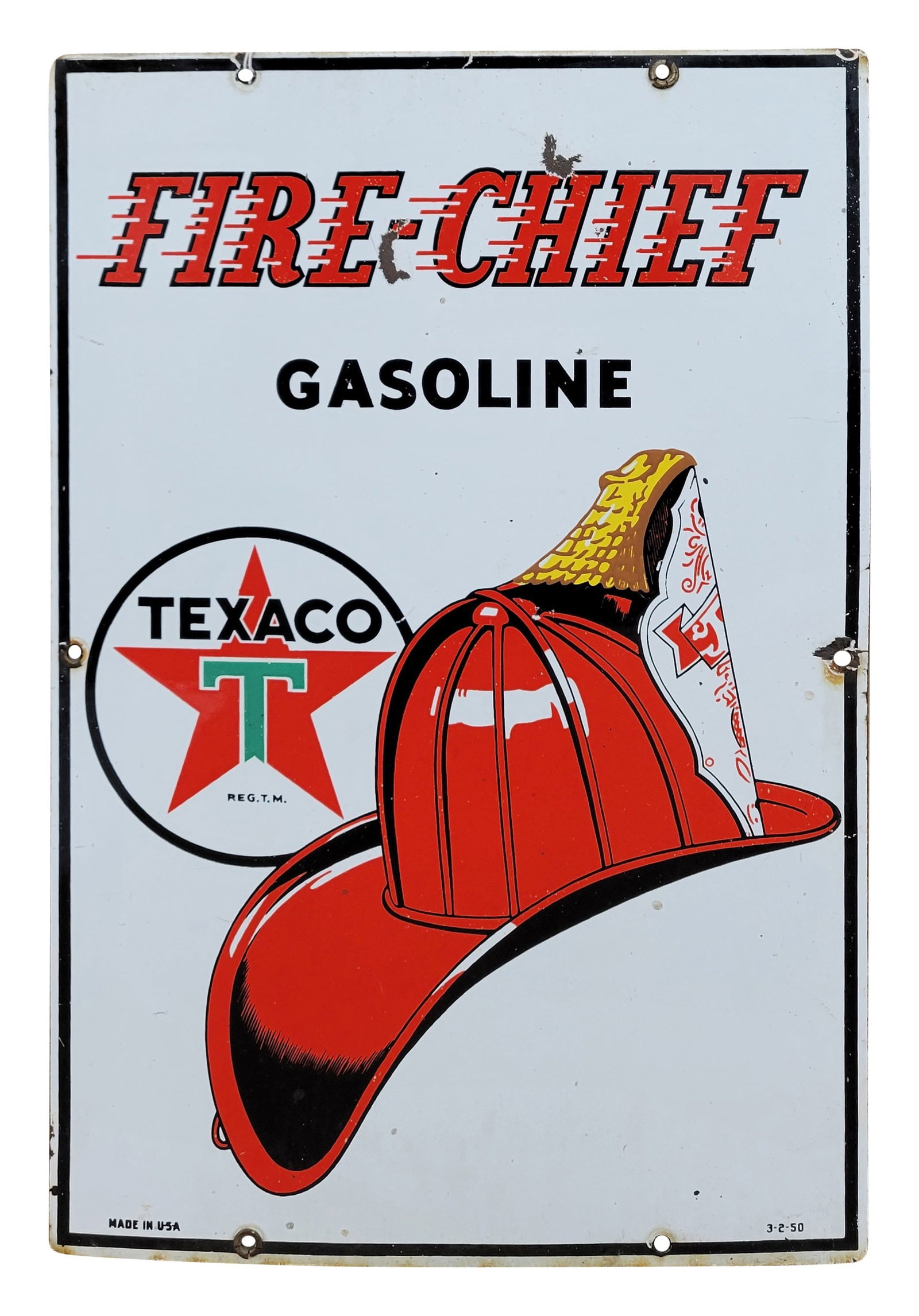 1950 Texaco Fire Chief Gasoline Porcelain Gas Pump Plate Sign: 12" x 18" SSP gas pump plate sign has good color and gloss with several small chips in the upper field. The perimeter has minimal wear with light stains along the bottom. 3-2-50.