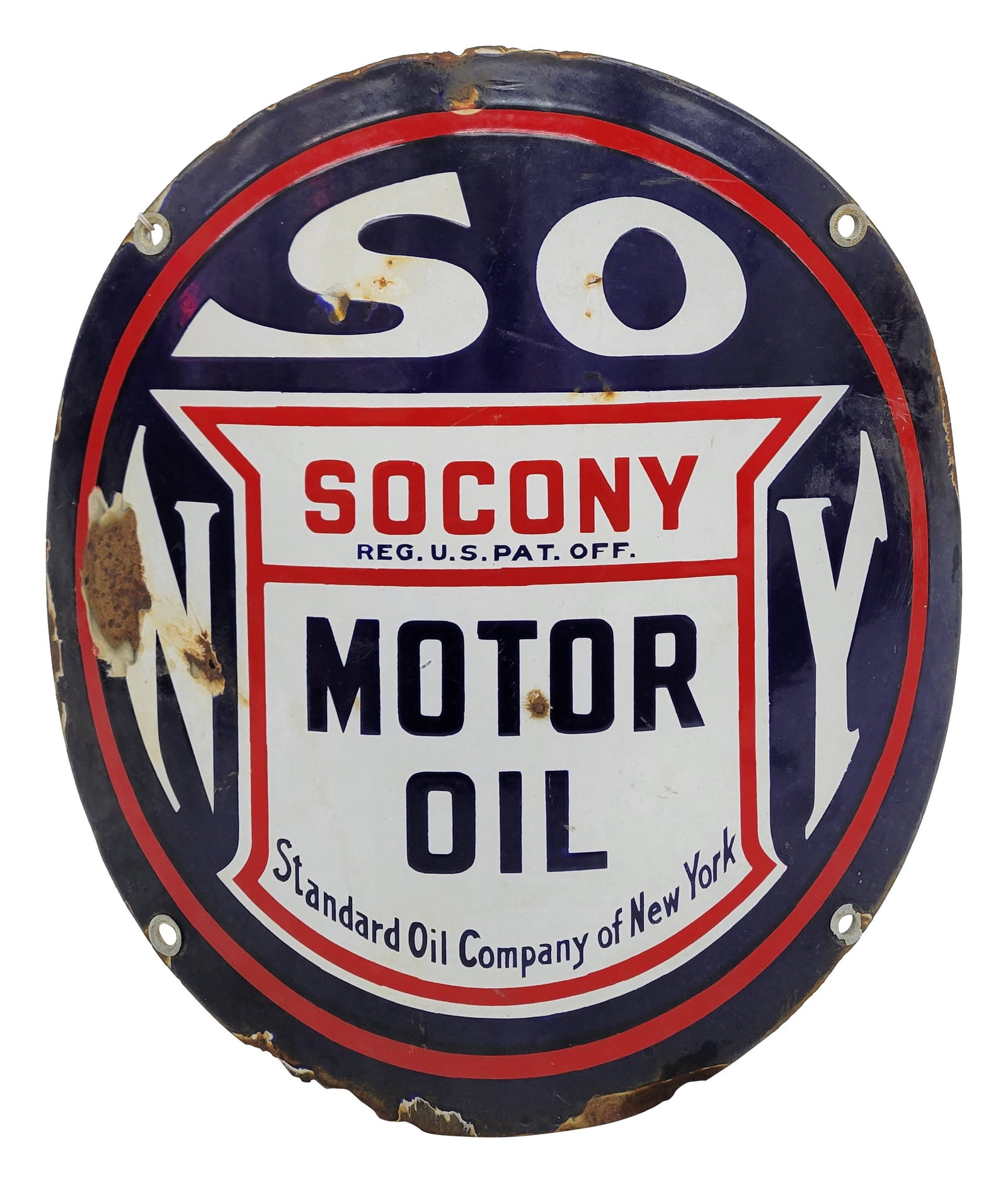 Standard Oil Company Socony Curved Porcelain Pump Plate Sign: 14" x 15" SSP curved gas pump plate sign displays good color with several large chips in the field and very small hole. The perimeter has damage with porcelain chips and metal loss.
